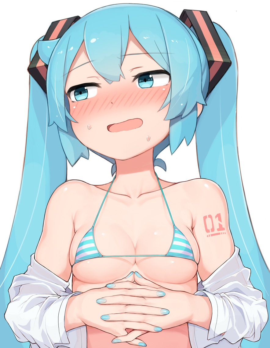 1girl, 1girls, abmayo, aqua eyes, aqua hair, aqua nails, bangs, bare shoulders, bikini, blue hair, blush, bra, breasts, cleavage, collarbone, female, female only, hair ornament, hatsune miku, long hair, medium breasts, micro bikini, nail polish, off shoulder, open clothes, open mouth, open shirt, own hands together, shirt, shoulder tattoo, simple background, skindentation, solo, striped, striped bikini, swimsuit, tattoo, tongue, twintails, upper body, vocaloid, white background, white shirt