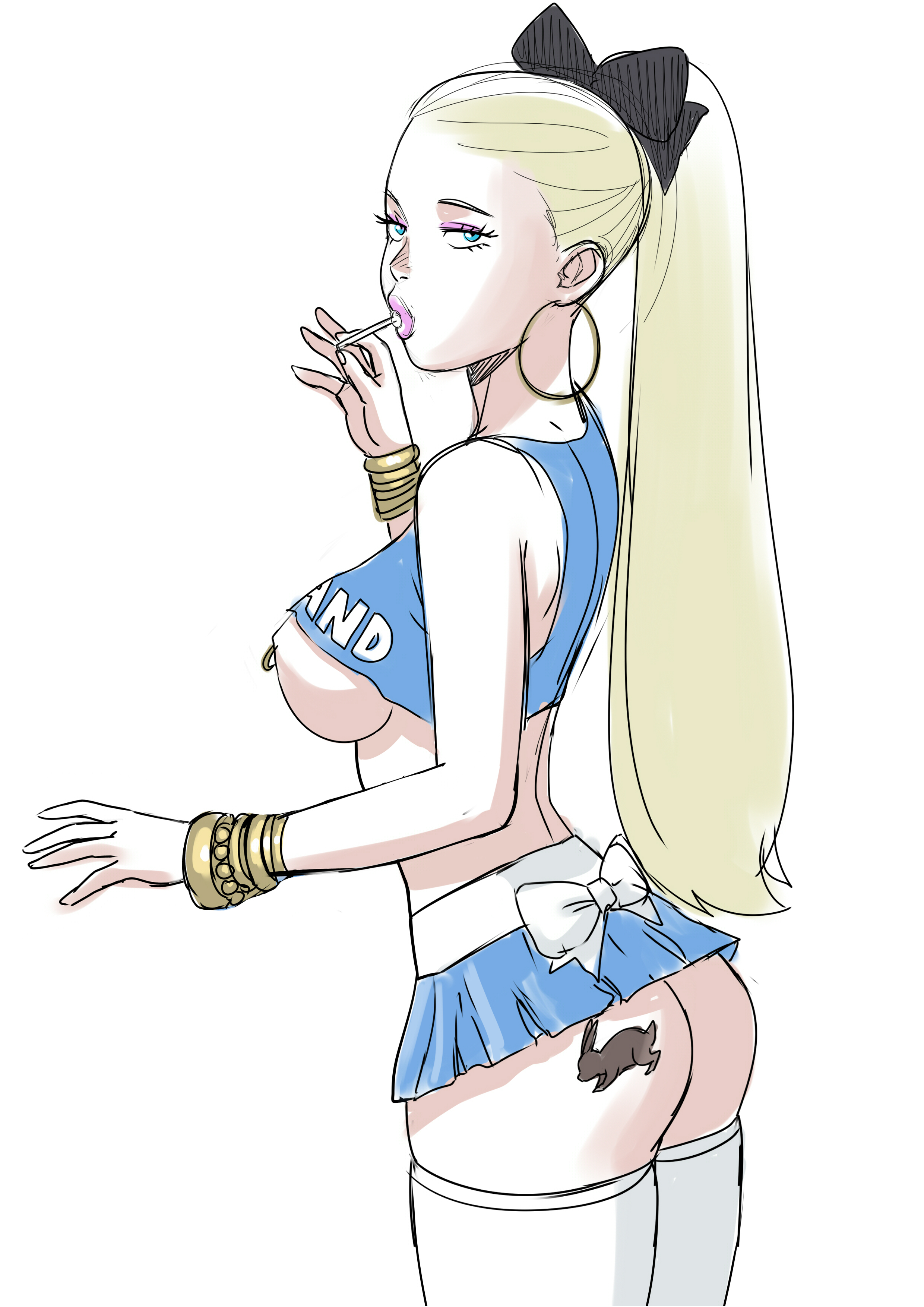 1girls, absurdres, adapted costume, alice (disney), alice in wonderland, alice in wonderland (1951 film), alice liddell, ass, big ass, big breasts, breasts, cleavage, crop top, crop top lift, disney, female, female only, highres, hoop earrings, hoop nipple piercing, large ass, large breasts, lollipop, looking at viewer, looking back, makeup, microskirt, miniskirt, nipple piercing, nipple rings, nipples, piercing, revealing clothes, skimpy clothes, skirt, solo, stockings, tekuho