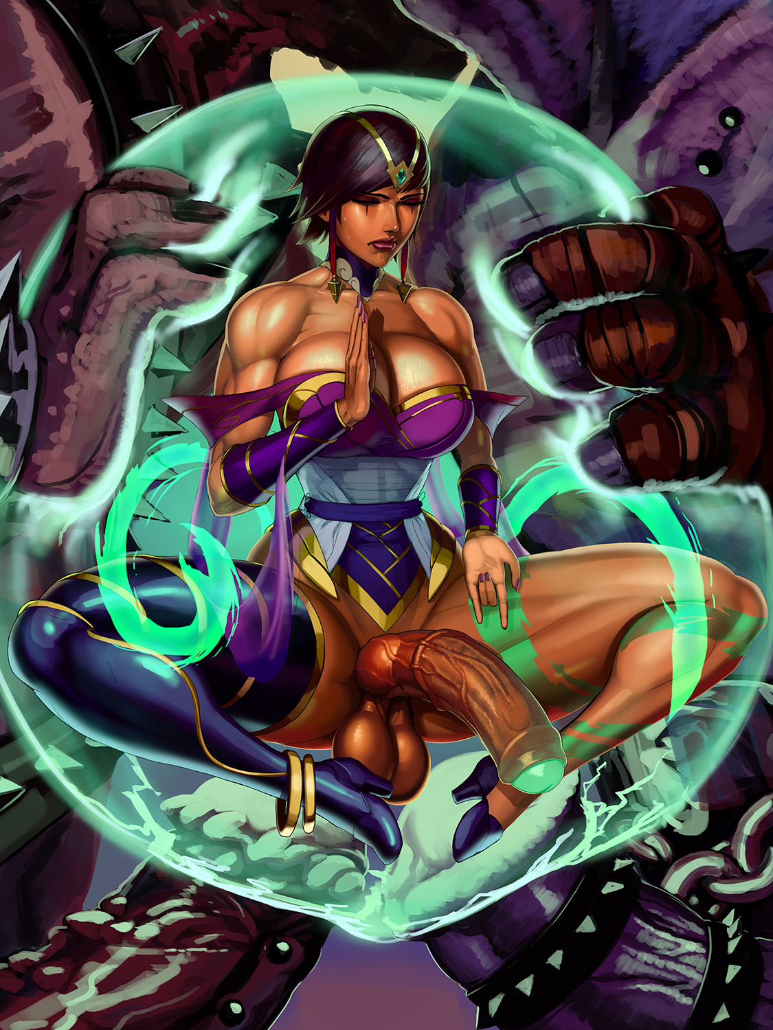 1futa, 2boys, aka6, animal genitalia, balls, big breasts, bottomless, breasts, cleavage, colored glans, cyan glans, dark skin, dark-skinned futa, dickgirl, erection, female, futanari, green glans, horsecock, huge breasts, huge cock, hybrid penis, intersex, karma (league of legends), knot, knotted penis, large breasts, league of legends, male, male on futa, muscular, muscular female, muscular futa, naughty face, penis, seductive, spread legs, tagme, testicles, thick thighs, veiny penis