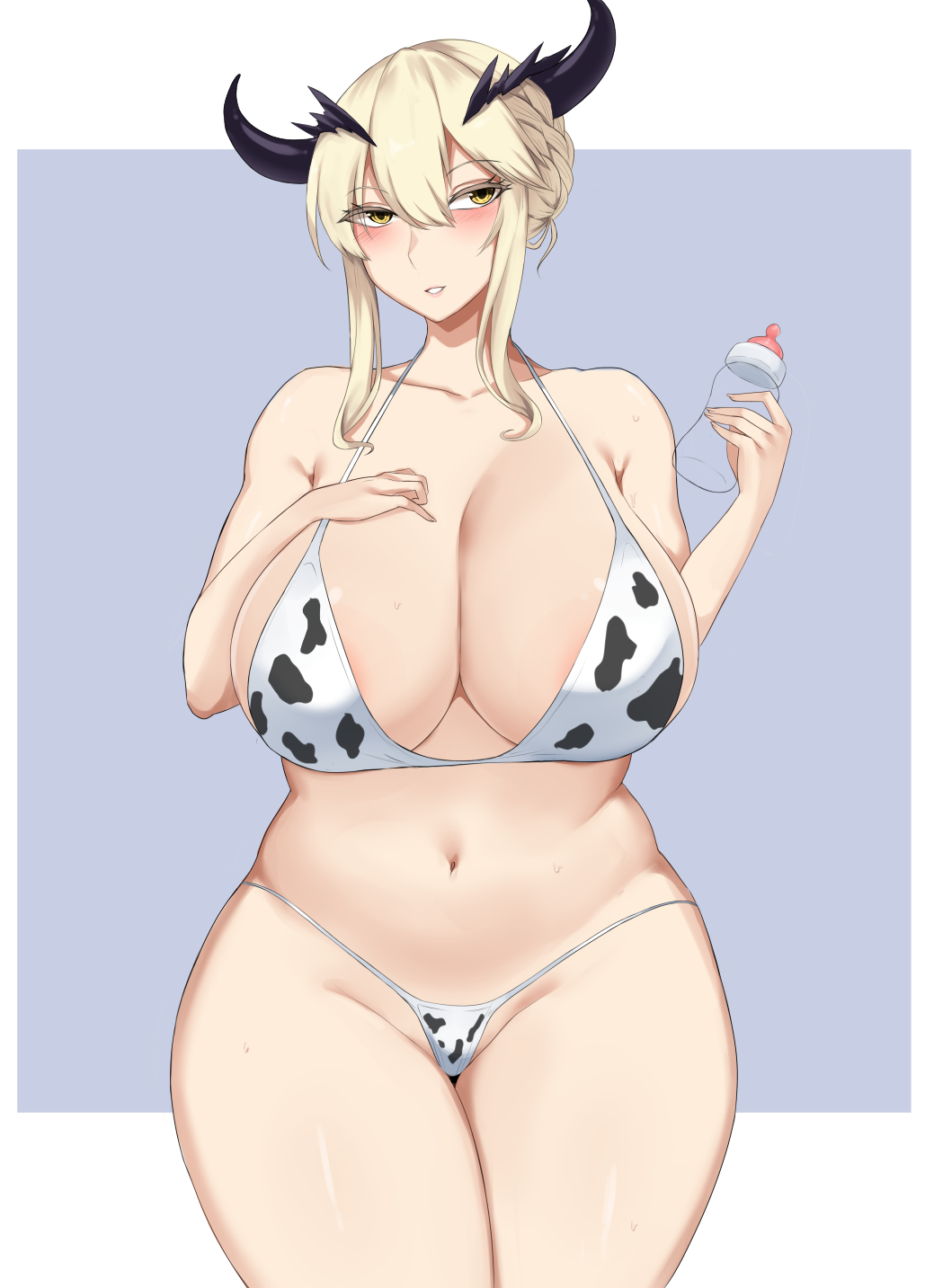 1girls 2021 areola_slip artoria_pendragon artoria_pendragon_(lancer_alter) belly big_breasts blonde_hair blush bottle_of_milk collarbone cow_print erimiko fate/grand_order fate_(series) hand_on_breast hand_on_chest hand_on_own_breast hand_on_own_chest huge_breasts navel simple_background solo standing thighs yellow_eyes