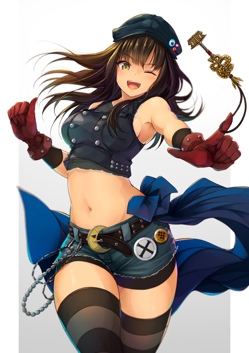 .sin, belt, breasts, brown hair, clothed, female, final fantasy, final fantasy vii, final fantasy vii remake, gloves, hat, kyrie canaan, medium hair, midriff, midriff baring shirt, open mouth, shorts, sideboob, stomach, straight hair, thick, thick thighs, thighhighs, tight clothing, wink