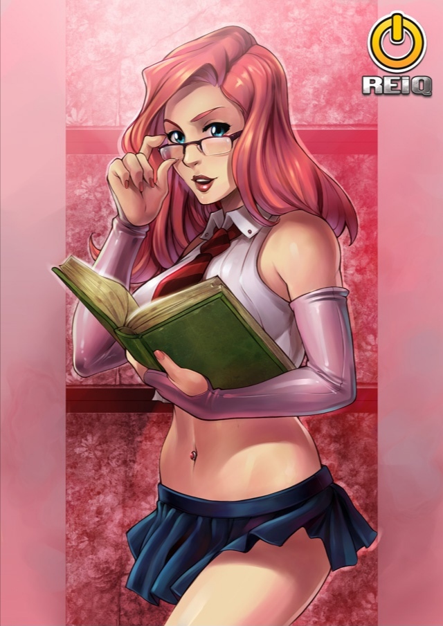 blue eyes, book, deviantart, fingerless gloves, glasses, looking at viewer, miniskirt, pink hair, reading, reiq, solo, solo focus, tie, uniform