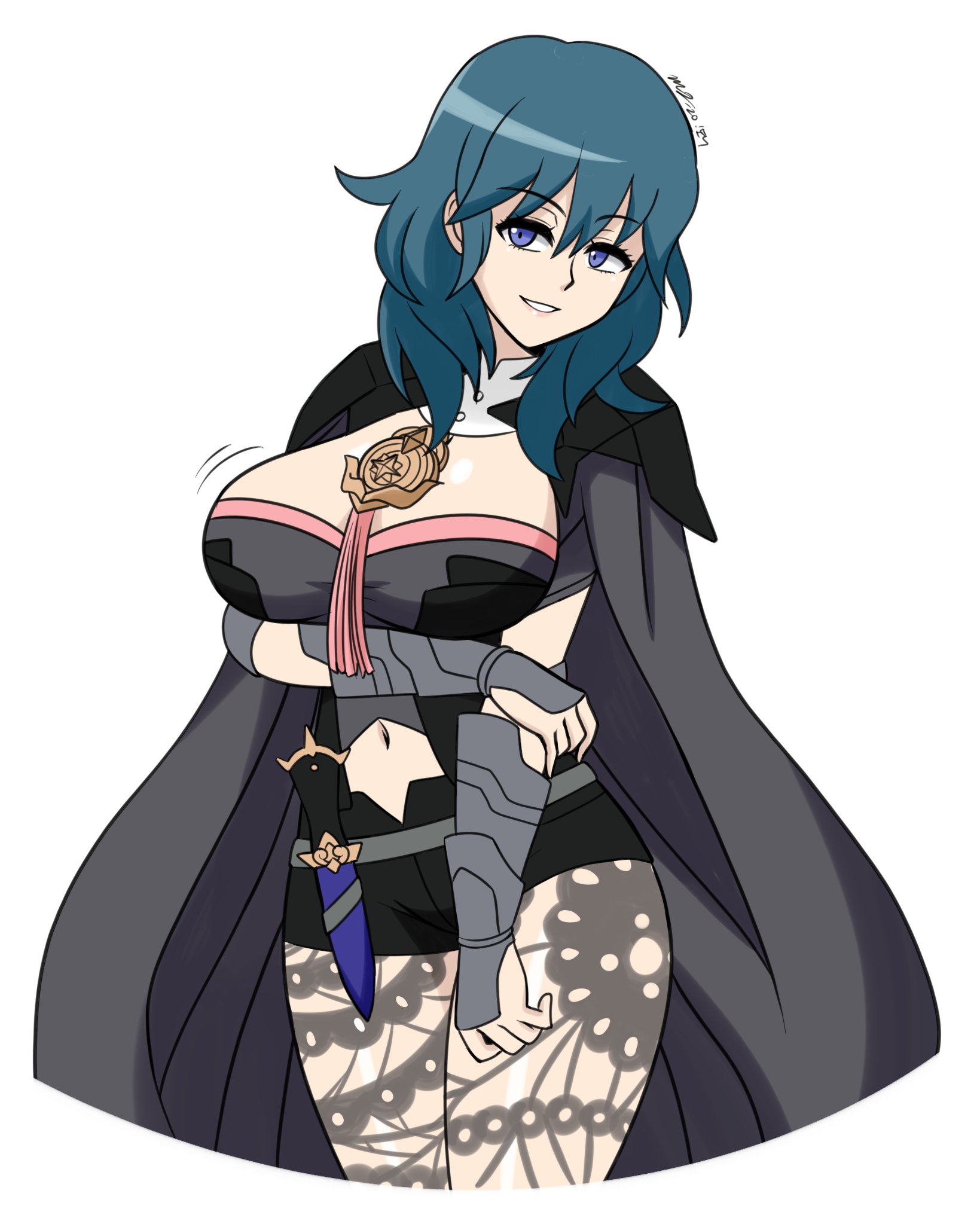 1girls, arm under breasts, big breasts, blue eyes, blue hair, breasts, byleth (fire emblem), byleth (fire emblem) (female), cape, female, female only, fire emblem, fire emblem: three houses, huge breasts, lace, leggings, legwear, long hair, mergeritter, nintendo, short shorts, shorts, solo, solo female, stockings, thick thighs