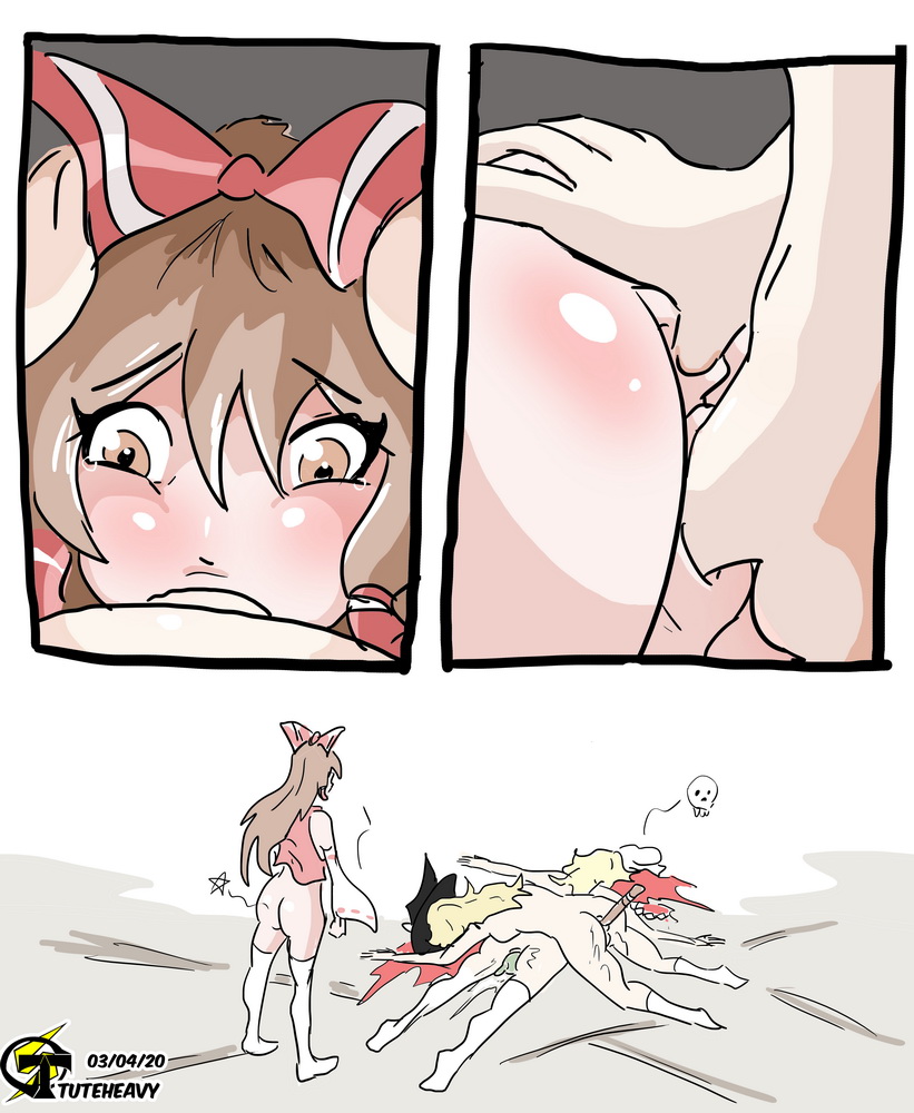 1futa, 2girls, anus, ass, ass grab, balls, brown hair, dialogue, dickgirl, erection, female, female penetrated, female with female, finger fuck, futa on female, futa penetrating, futa with female, futanari, hands on another's head, intersex, large ass, long hair, marisa kirisame, nude, object insertion, oral, oral penetration, oral sex, penis, portal, pussy, rape, reimu hakurei, sex, sex from behind, socks, thighhighs, touhou, tuteheavy, uncensored, vagina, vaginal penetration, yellow hair, yukari yakumo