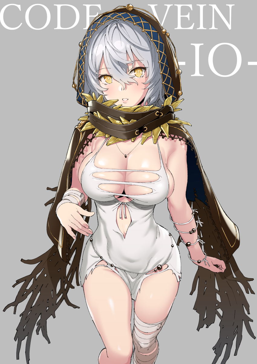 artist request, bandaged arm, bandaged leg, bandages, bangs, bare shoulders, breasts, cleavage, code vein, dress, eyebrows visible through hair, female, female only, hair between eyes, highres, io (code vein), jewelry, large breasts, looking at viewer, necklace, parted lips, short hair, silver hair, solo, torn clothes, torn dress, typehatena, white dress, yellow eyes