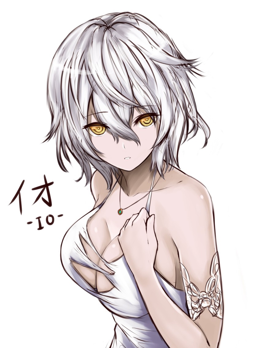 absurdres, bare shoulders, breasts, character name, cleavage, code vein, dress, female, female only, hair between eyes, hand on own chest, highres, io (code vein), jewelry, large breasts, looking at viewer, necklace, sawarido, short hair, solo, torn clothes, white background, white dress, white hair, yellow eyes