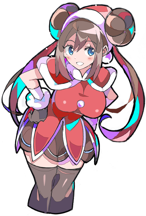 1girls alternate_costume alternate_outfit big_breasts blue_eyes blush brown_hair christmas clothed clothing double_bun enpe eye_contact female game_freak holiday_rosa human leggings looking_at_viewer nintendo pokemon pokemon_bw2 pokemon_masters rosa_(pokemon) smile thick_thighs wide_hips