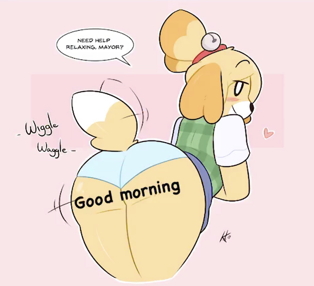1girls, animal crossing, anthro, ass, back view, canid, canine, canis, clothed, clothing, dialogue, english text, female, fur, furry, furry only, heart, isabelle (animal crossing), kilinah, nintendo, solo, tagme, tail, text, thick thighs, yellow fur