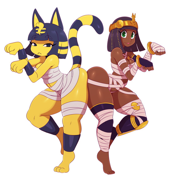 2girls, alternate breast size, animal crossing, ankha, anthro, ass, ass to ass, asses touching, bandages, big ass, big breasts, black hair, bob cut, breasts, capcom, cat ears, cat girl, cat tail, catgirl, crossover, dark skin, dark-skinned female, egyptian, eric lowery, eye contact, feet, feline, female, furry, green eyes, half-closed eyes, huge ass, human, looking at viewer, menat (street fighter), nintendo, pose, revealing clothes, sssonic2, street fighter, symmetry, thick thighs, thigh gap, white background, wide hips, wrappings, yellow fur