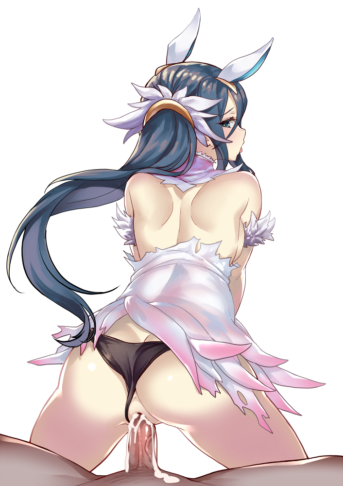 1boy 1girls animal_ears ass back backboob black_panties blue_hair blush breasts bunny_ears cum cum_in_pussy cum_inside cum_overflow dark-skinned_male female female_on_top fire_emblem green_eyes kaorihero looking_back male nintendo open_mouth oribe_tsubasa panties_aside pussy ripped_clothing sex straight thighs thong tokyo_mirage_sessions_#fe tongue_out torn_clothes underwear vaginal_penetration vein veiny_penis