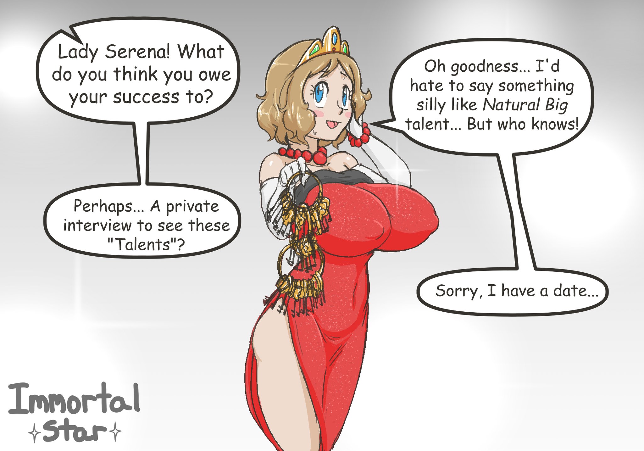breasts, dress, english text, female, honey hair, human, immortalstar, large breasts, looking at viewer, nintendo, pokemon, pokemon xy, pokemon xy (anime), serena (pokemon), text