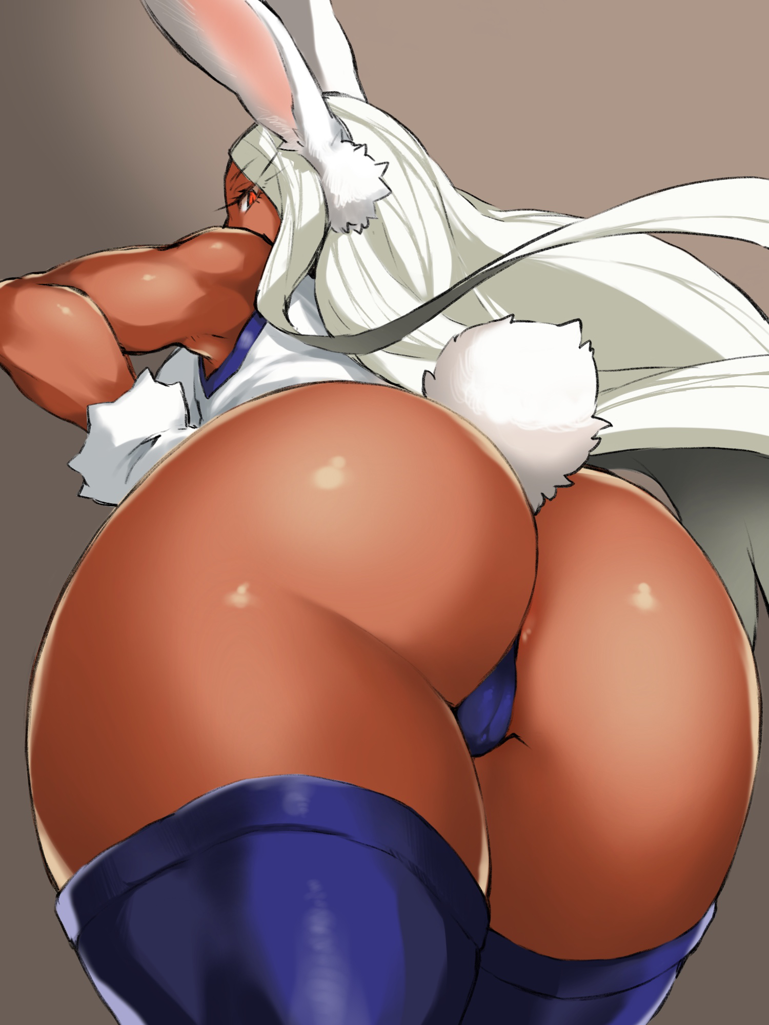 1girls, 7fukuinu, animal ears, anus peek, ass, big ass, big butt, bunny ears, bunny girl, bunny tail, cameltoe, dark skin, dark-skinned female, female, female human, female only, from behind, gloves, hand on hip, hero outfit (mha), highres, huge ass, human, kemonomimi, leotard, long hair, looking at viewer, looking back, mature female, miruko, muscles, muscular, muscular female, my hero academia, pussy, red eyes, rumi usagiyama, solo, superhero costume, superheroine, thick thighs, thighhighs, thighs, uncensored, white gloves, white hair, white leotard, wide hips