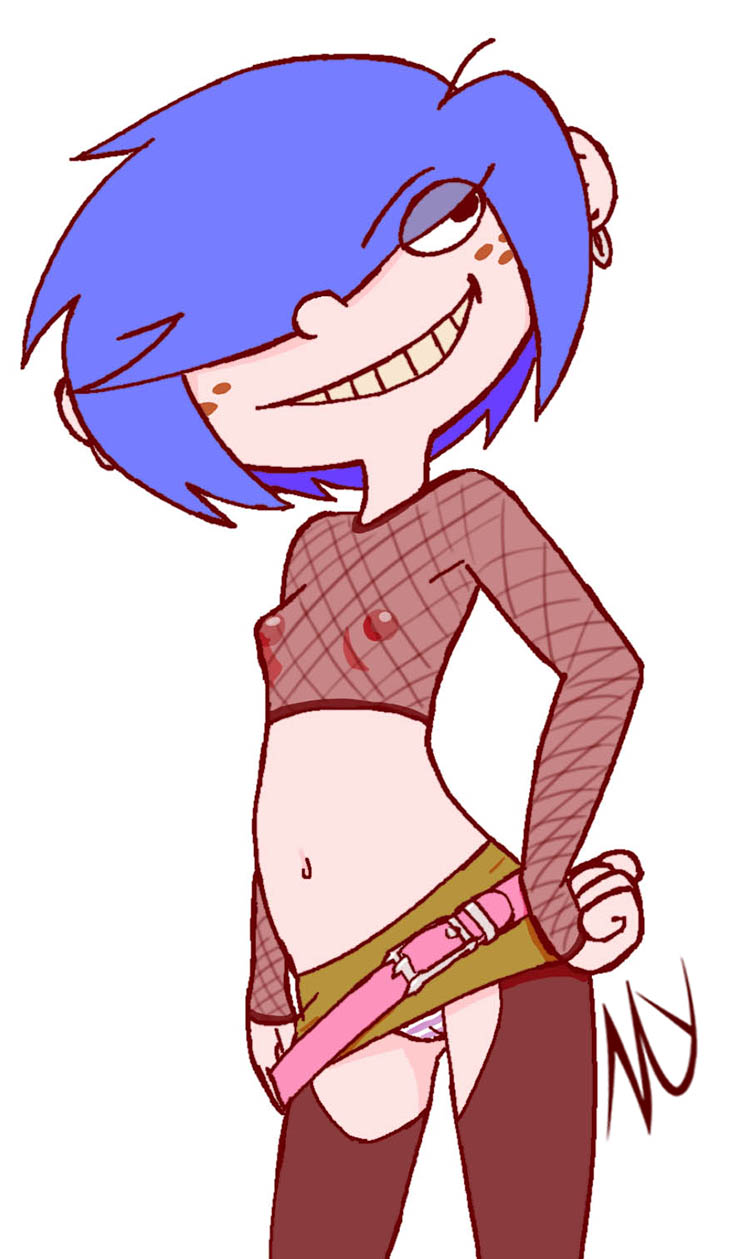 1girls blue_hair cartoon_network dzyer earrings ed_edd_n_eddy eye_shadow freckles hand_on_hip kanker_sisters marie_kanker nipples panties short_hair short_skirt small_breasts smirk transparent_clothing