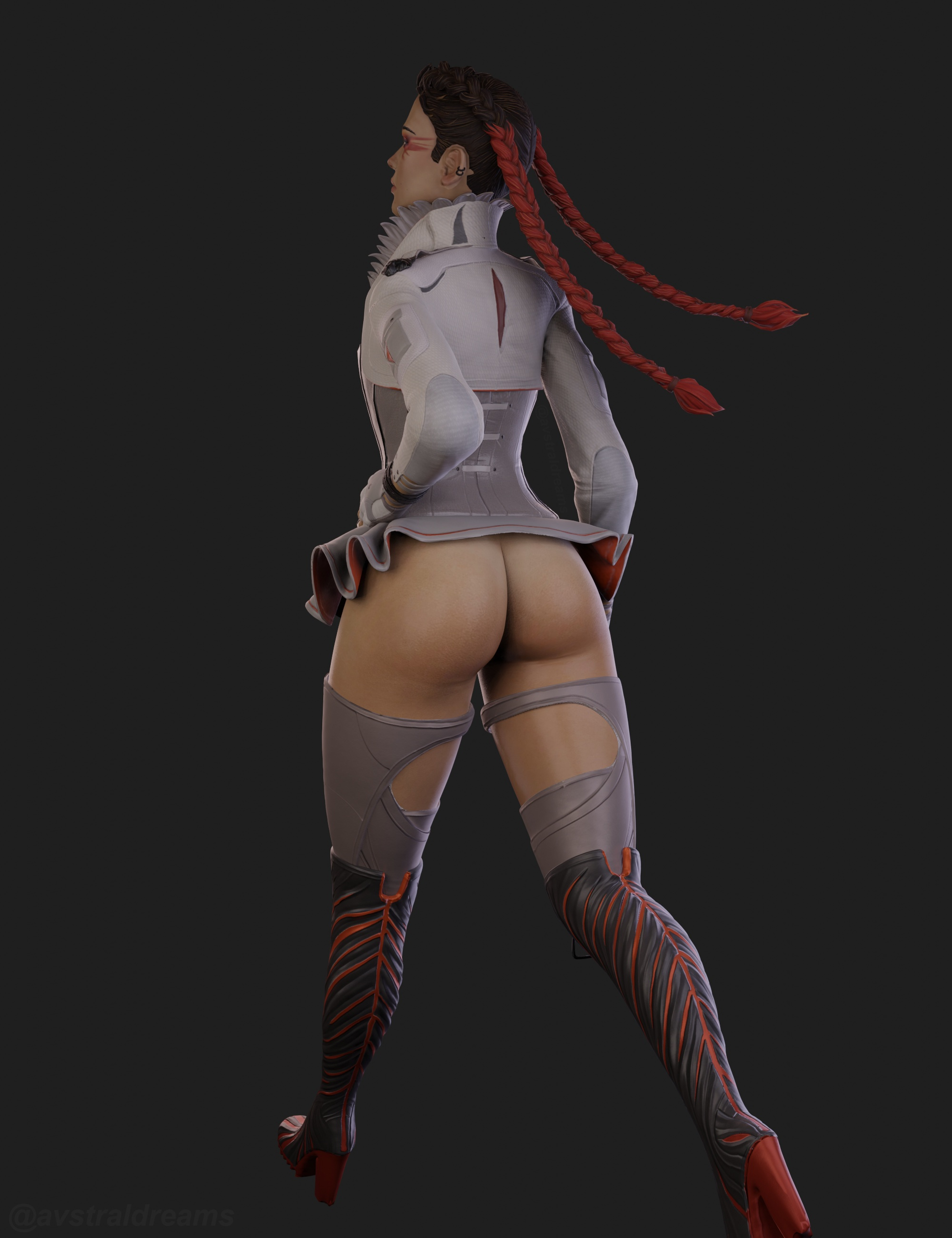 1girls, 3d, 3d (artwork), apex legends, ass, ass crack, avstral, back, big ass, blender, bottomless, bottomless female, braid, braided hair, brazilian, brazilian female, breasts, butt crack, dark skin, dark-skinned female, electronic arts, female, female only, from behind, helix piercing, latina, loba (apex legends), ponytail, ponytails, red hair, respawn entertainment, solo, solo female, thick ass, thick thighs, twintails