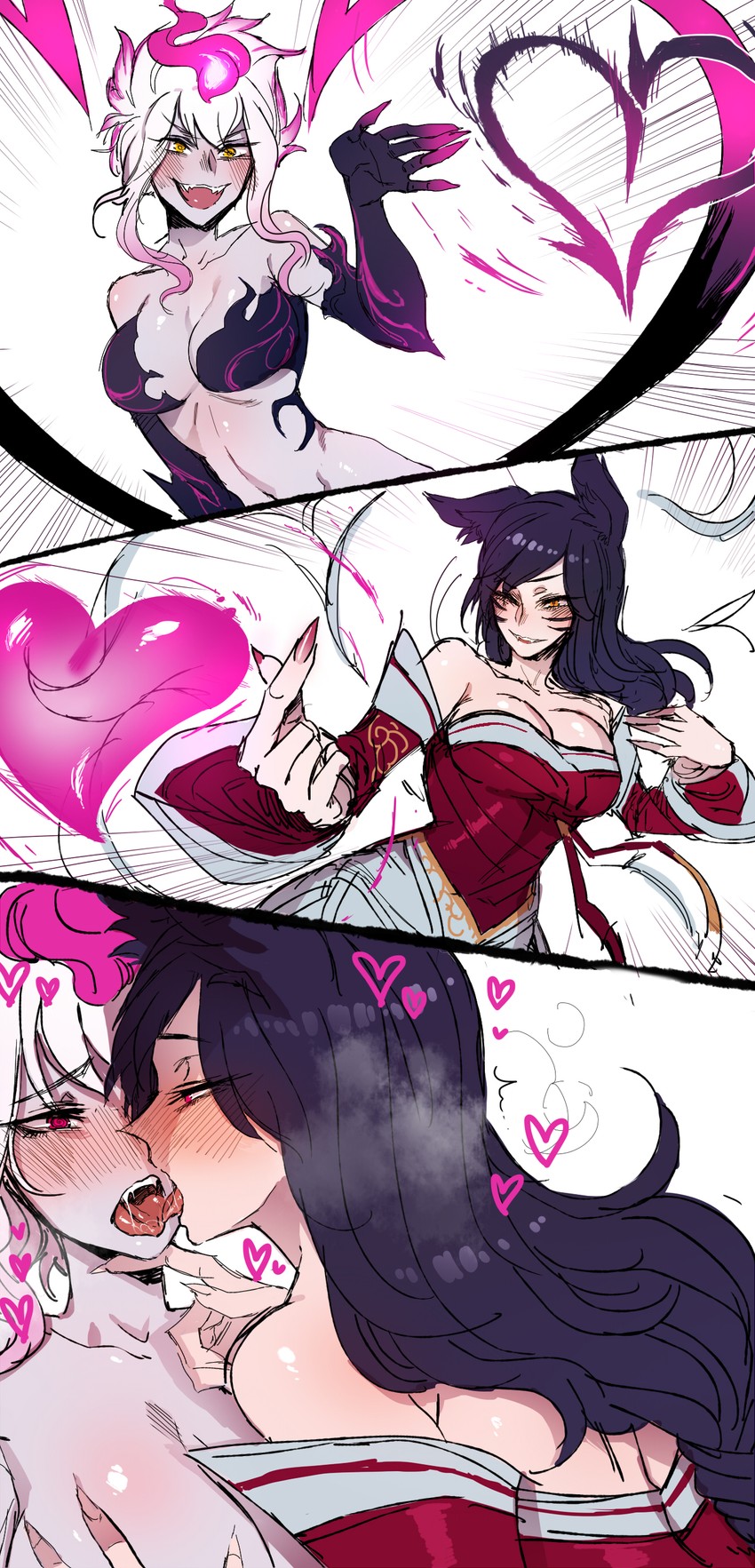 2girls ahri big_breasts charm demon evelynn female female_only french_kiss kissing kitsune league_of_legends multiple_girls ratatatat74 riot_games seductive source_request tongue yuri