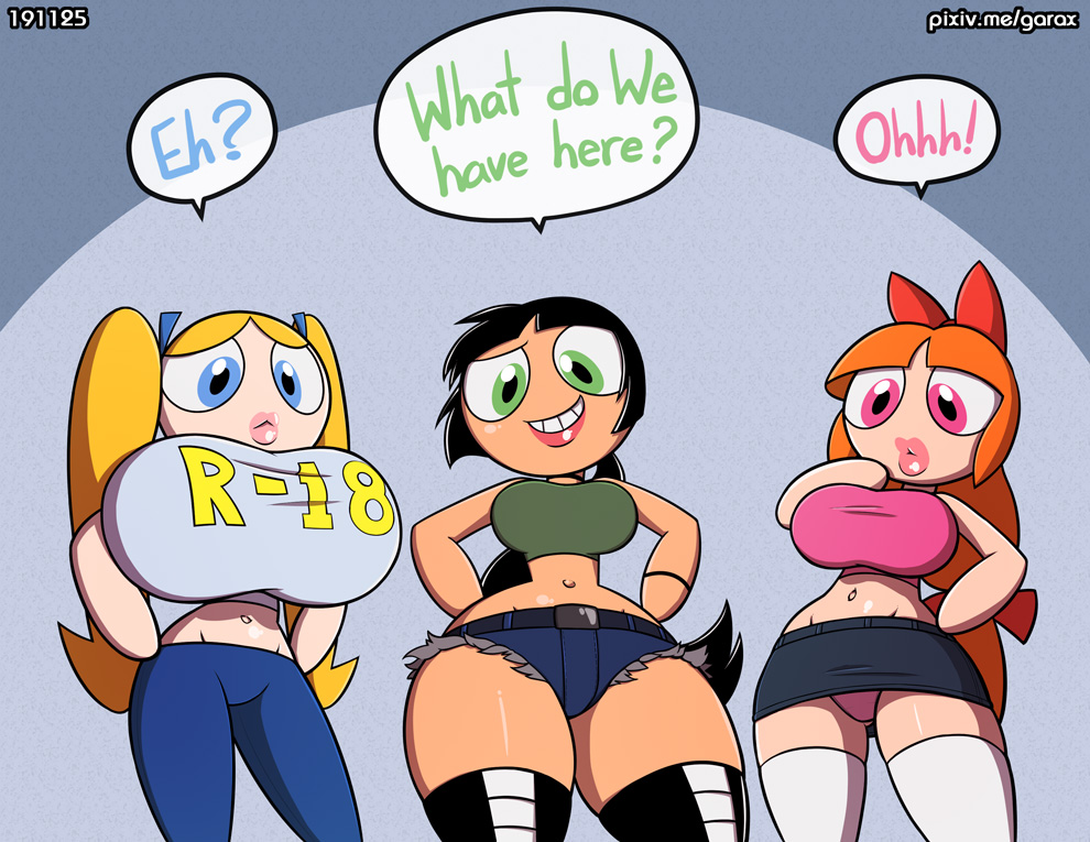 3girls, aged up, big breasts, bimbo, black hair, blonde hair, blossom (powerpuff girls), blue eyes, breasts, bubbles (powerpuff girls), buttercup (powerpuff girls), cartoon network, female, garabatoz, green eyes, green shirt, looking at viewer, orange hair, pink eyes, pink shirt, ponytail, powerpuff girls, red bow, short skirt, toonami, twintails, upskirt, white legwear, yellow hair