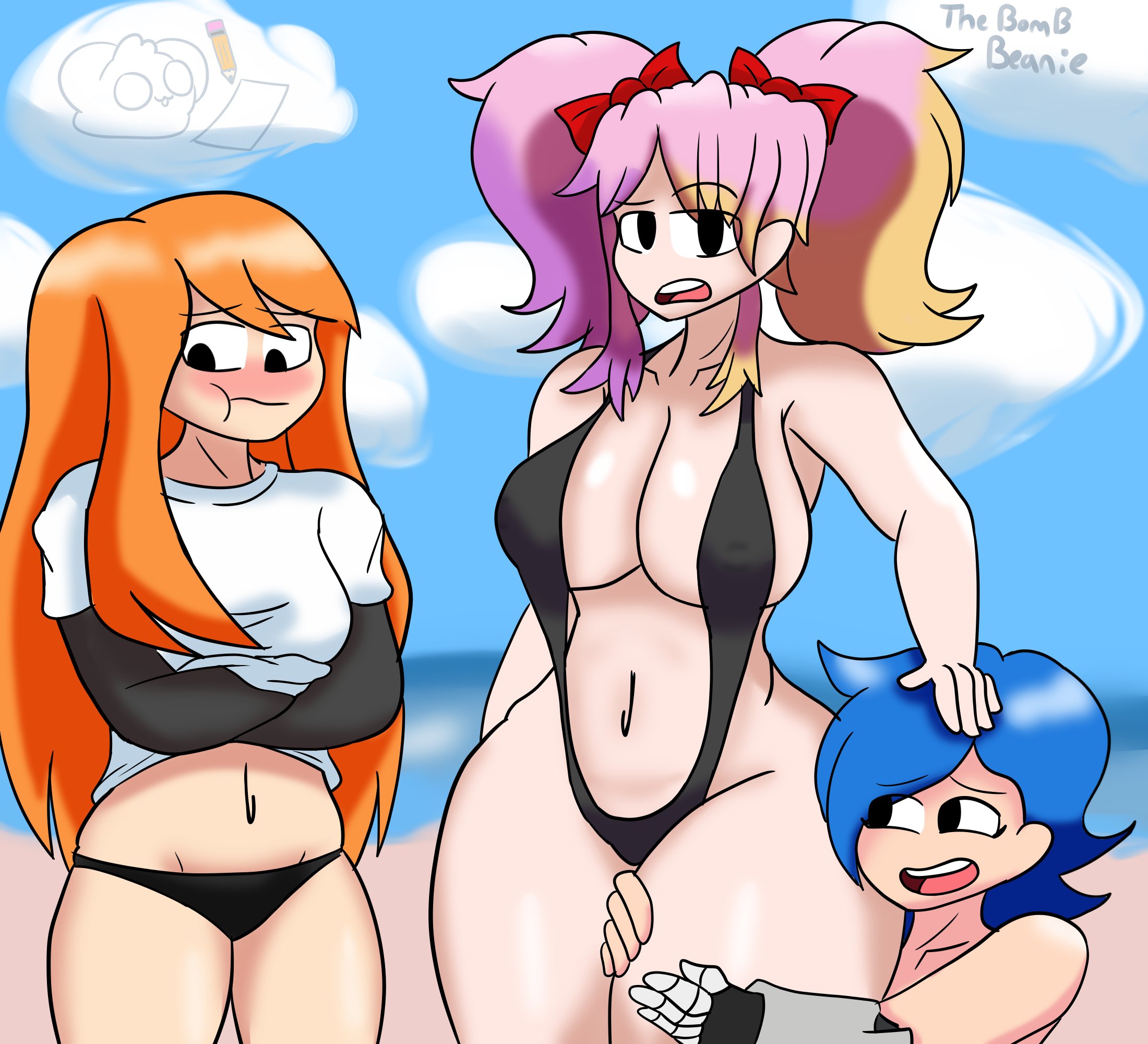3girls, blue hair, blush, cute, embarrassed, female, female only, human meggy, long hair, looking away, meggy spletzer, orange hair, saiko bichitaru (smg4), sling bikini, sling swimsuit, slingshot swimsuit, smg4, smg4 art, tagme, tari (smg4), thebombbeanie