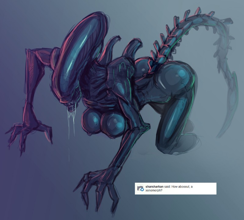 1girls, 2d, alien (franchise), alien girl, ass, breasts, color, drooling, exoskeleton, female, female only, female xenomorph, nipples, solo, solo female, tail, teeth, xenomorph