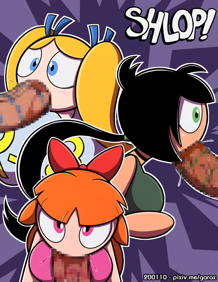 3girls age_difference aged_up big_breasts black_hair blonde_hair blossom_(powerpuff_girls) blue_eyes boomer_(powerpuff_girls) brick_(powerpuff_girls) bubbles_(powerpuff_girls) butch_(powerpuff_girls) buttercup_(powerpuff_girls) censored fellatio garabatoz green_eyes green_shirt looking_at_viewer male older_female oral orange_hair penis pink_eyes pink_shirt ponytail powerpuff_girls red_bow rowdyruff_boys short_skirt size_difference twintails upskirt white_legwear yellow_hair