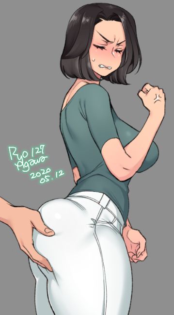 1girls, ass, ass grab, big ass, big breasts, blush, breasts, clothed, disembodied hand, female, female focus, grope, groping from behind, groping through clothes, large breasts, milf, pants, ryo agawa, solo female