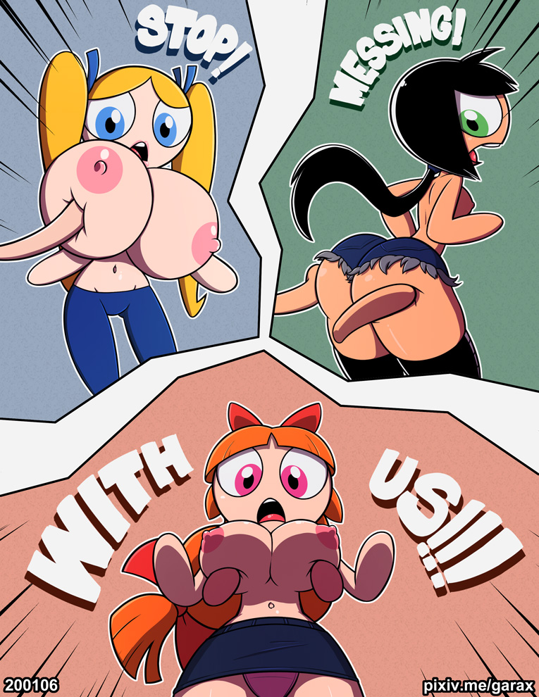 3girls age_difference aged_up big_breasts black_hair blonde_hair blossom_(powerpuff_girls) blue_eyes boomer_(powerpuff_girls) brick_(powerpuff_girls) bubbles_(powerpuff_girls) butch_(powerpuff_girls) buttercup_(powerpuff_girls) cartoon_network disembodied_hands garabatoz green_eyes green_shirt looking_at_viewer multiple_girls older_female orange_hair pink_eyes pink_shirt ponytail powerpuff_girls red_bow rowdyruff_boys short_skirt size_difference toonami twintails upskirt white_legwear yellow_hair