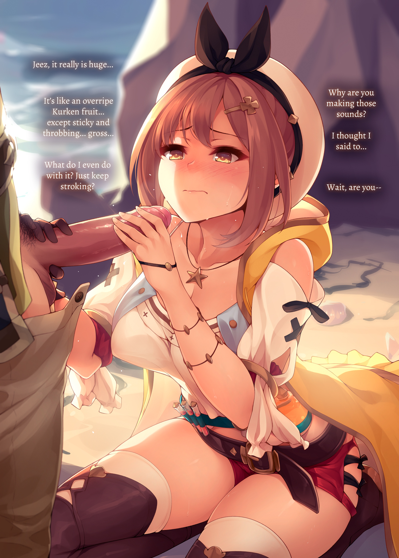1boy, 1girls, atelier (series), atelier ryza, blush, erection, female, foreskin, handjob, kerasu, male, partially retracted foreskin, penis, reisalin stout, retracted foreskin, ricegnat, straight, uncircumcised