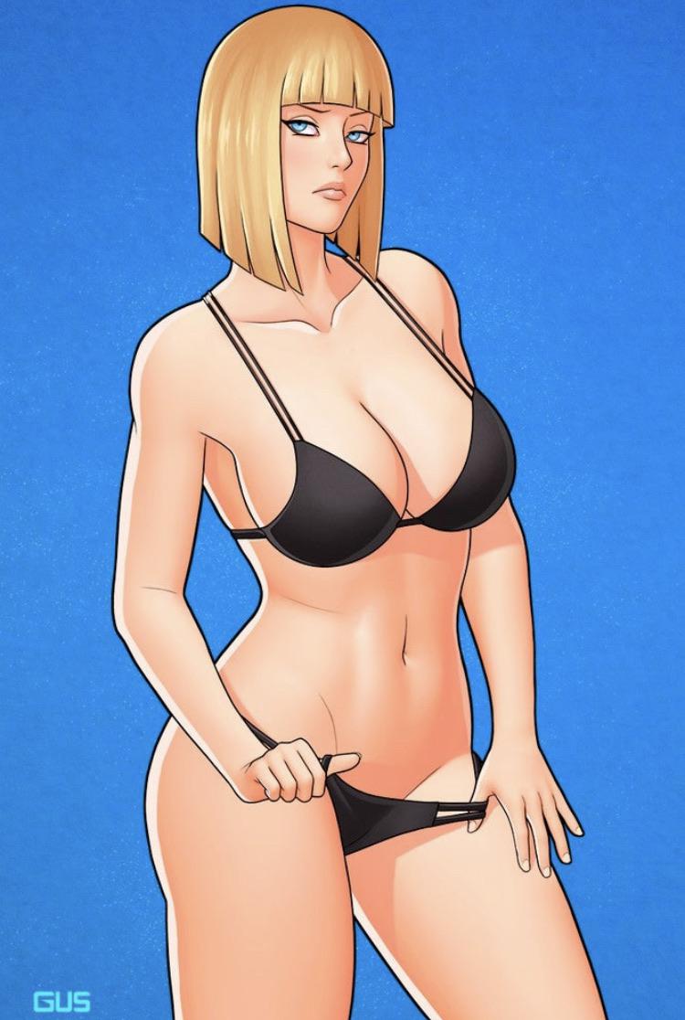 1girls, bikini, blonde hair, blue background, blue eyes, bob cut, breasts, chromatic-gus, cleavage, female, female only, large breasts, looking at viewer, naruto, naruto (series), naruto shippuden, pulled by self, samui, short hair, simple background, wide hips
