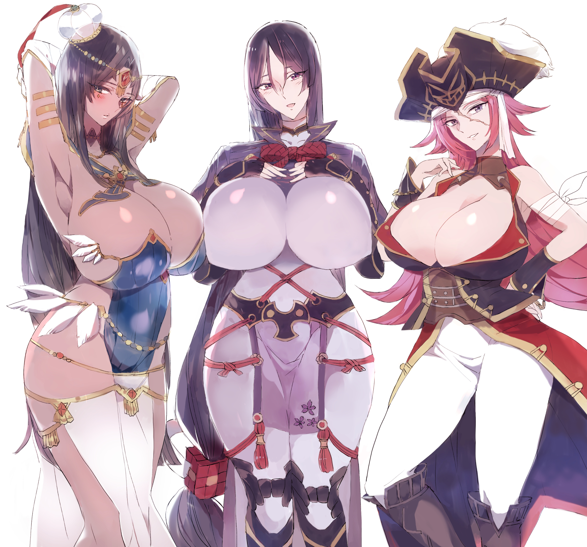 ahoge, arm guards, arm wraps, bangs, black gloves, black hair, blue eyes, bodysuit, breast press, breasts, bridal gauntlets, circlet, cleavage, curvy, dark skin, facial scar, fate (series), fate/extra, fate/grand order, female, fingerless gloves, forehead jewel, francis drake (fate), gloves, gold jewelry, green eyes, hat, head chain, highres, huge breasts, large breasts, loincloth, long hair, looking at viewer, low tied hair, minamoto no raikou (fate), minamoto no raikou (fate/grand order), multiple females, multiple girls, parted bangs, pink hair, pirate, pirate hat, purple bodysuit, purple eyes, purple hair, ribbed sleeves, rope, scar, scheherazade (fate), symmetrical docking, tabard, thick thighs, thumb ring