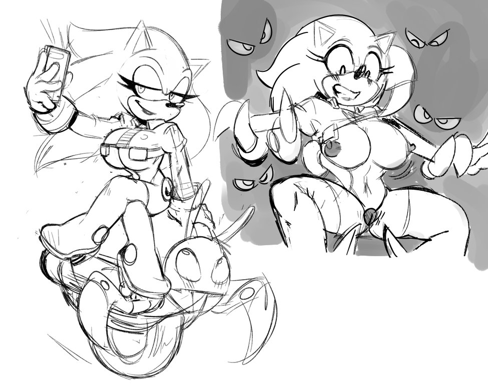 anthro big_breasts blush boots breasts clothing crop_top female footwear genderswap group high_heels legwear machine missphase monochrome moto_bug nipples restrained robot rule_63 selfie shirt shoes sonic_(series) sonic_the_hedgehog sonic_the_hedgehog_(series) sonique_the_hedgehog thigh_boots thigh_highs top wear