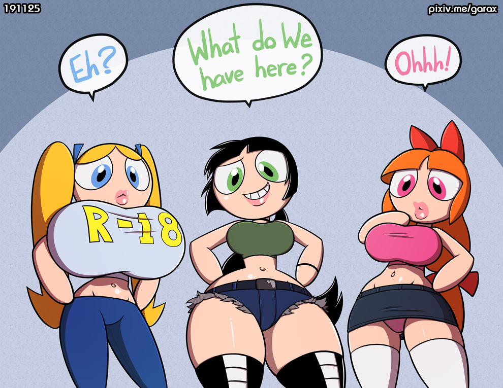 3girls, aged up, big breasts, big lips, bimbo, black hair, blonde hair, blossom (powerpuff girls), blue eyes, breasts, bubbles (powerpuff girls), buttercup (powerpuff girls), female, garabatoz, green eyes, green shirt, looking at viewer, orange hair, pink eyes, pink shirt, ponytail, powerpuff girls, red bow, short skirt, twintails, upskirt, white legwear, yellow hair