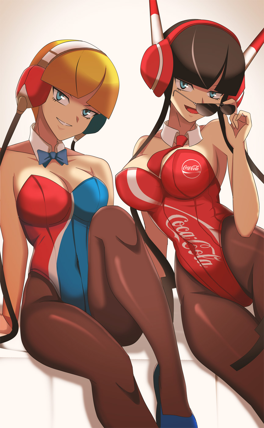 2girls adjusting_glasses adjusting_sunglasses black_hair blonde_hair blue_eyes bunny_suit coca-cola elesa_(pokemon) elesa_(pokemon_bw) elesa_(pokemon_bw2) female female_only gym_leader human looking_over_eyewear looking_over_glasses looking_over_sunglasses multiple_girls nintendo pantyhose pepsi pokemon pokemon_bw pokemon_bw2 product_placement seductive seductive_smile sunglasses tinted_eyewear vivivoovoo