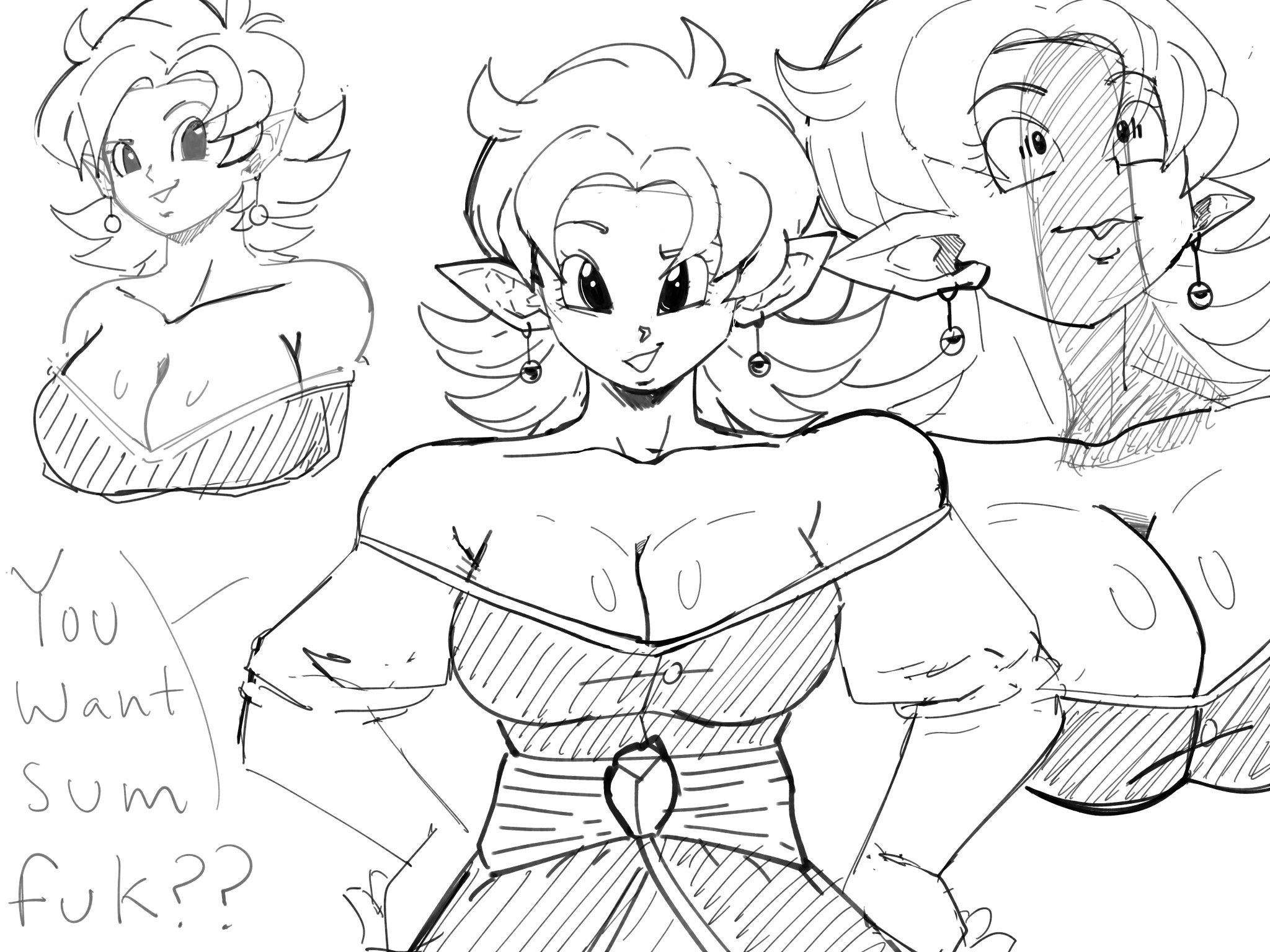1boy, 1girls, alternate breast size, bare shoulders, big breasts, black and white, breasts, chronoa, cleavage, clothing, core person, dragon ball, dragon ball heroes, dragon ball xenoverse, earrings, female, goddess, imminent sex, large breasts, looking at viewer, looking up, male, penis, penis shadow, pointy ears, potara earrings, pseudocel, shiny skin, sketch