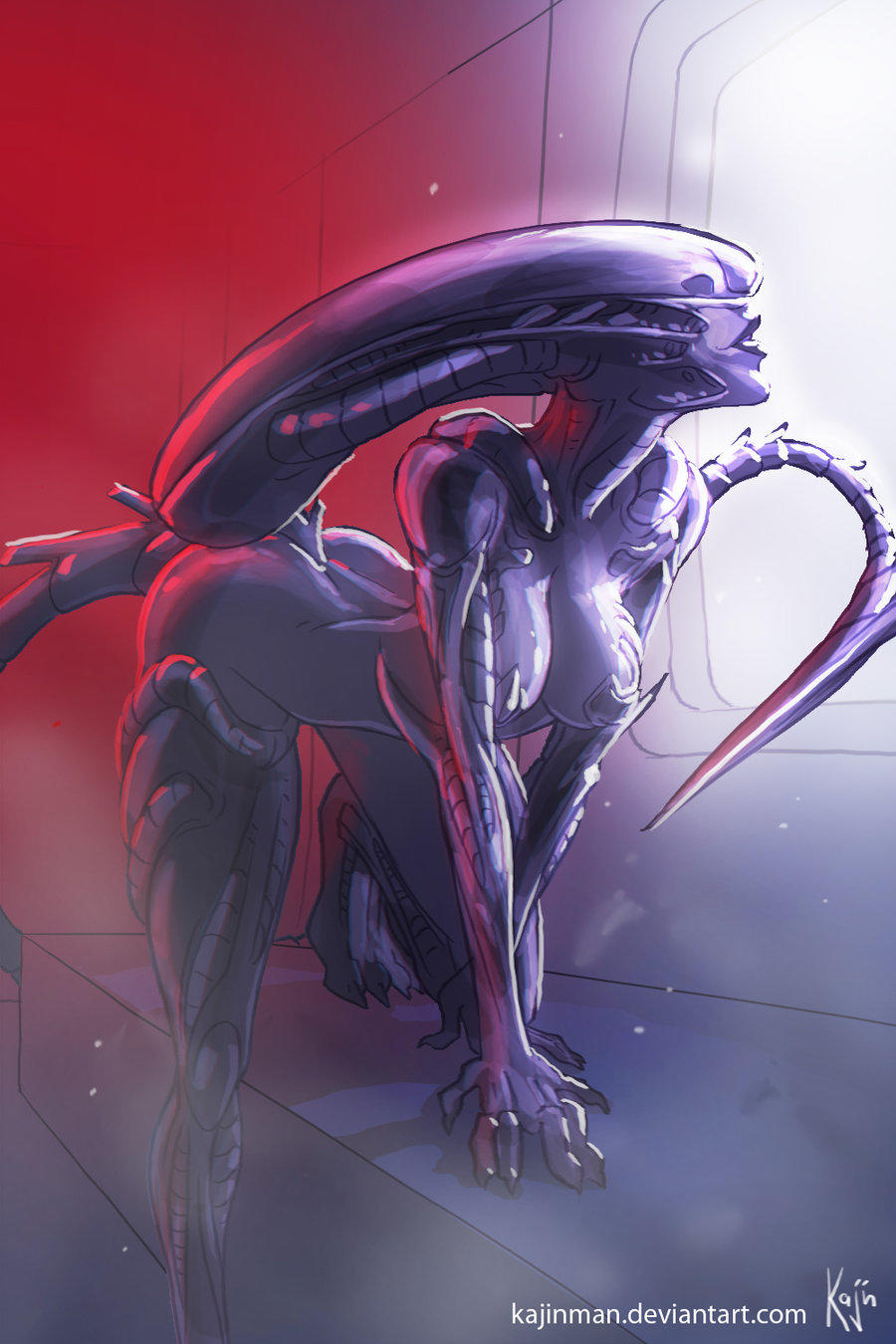1girls, 2d, alien (franchise), alien girl, breasts, claws, exoskeleton, female, female only, female xenomorph, kajinman, lips, purple skin, solo, solo female, tail, xenomorph