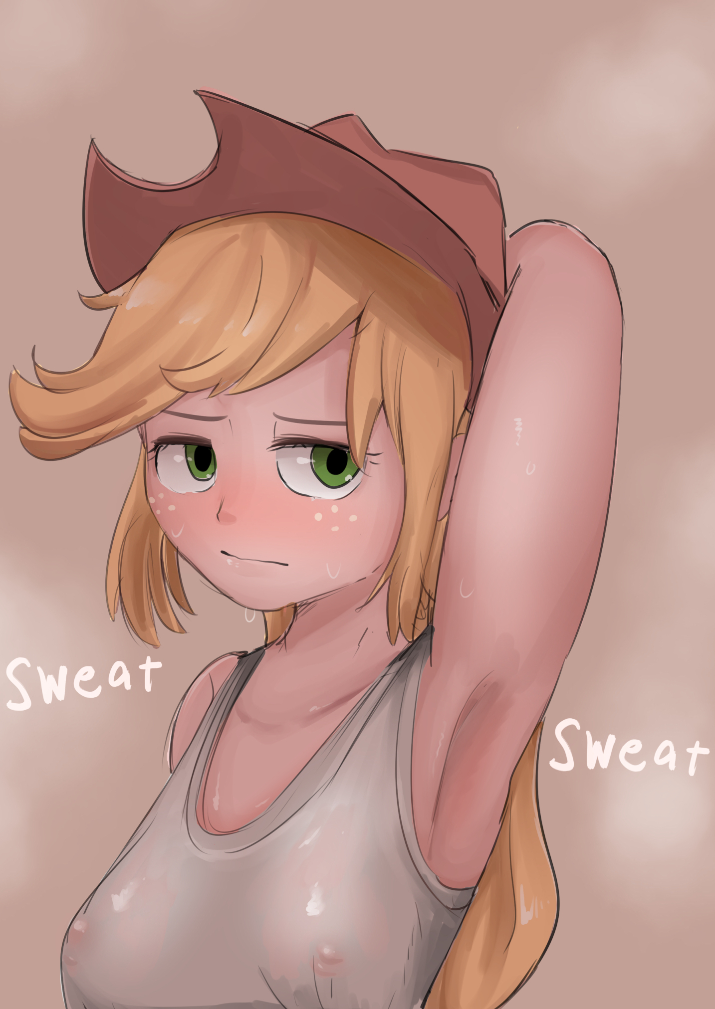 7010uryyy, applejack (mlp), armpit, armpit fetish, armpits, blonde hair, female, friendship is magic, green eyes, humanized, humanoid, my little pony, nipples, showing armpits, steam, straight hair, sweat, sweaty, sweaty armpits