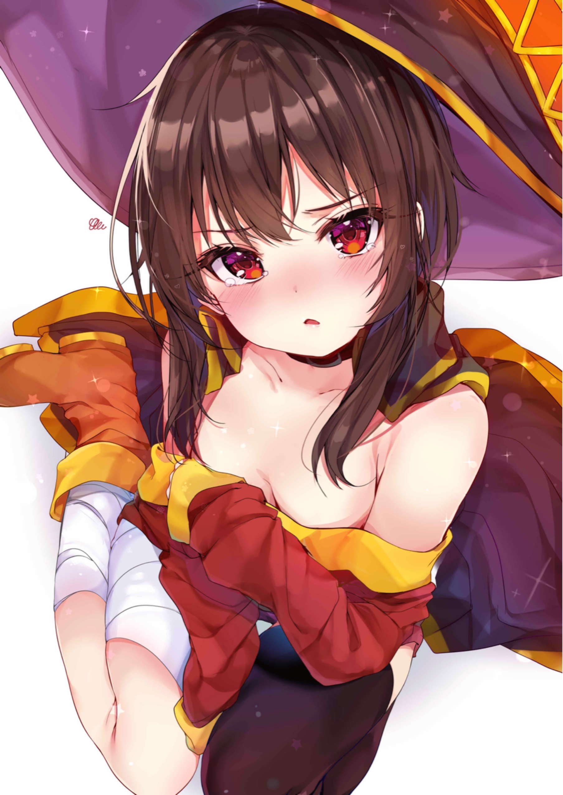 1girls, 2019, absurd res, bandage, bandaged leg, bandages, bangs, bare shoulders, black collar, black legwear, blush, breasts, brown footwear, brown hair, cape, cape removed, cleavage, collar, collarbone, dress, female, female only, from above, hat, highres, kono subarashii sekai ni shukufuku wo!, looking at viewer, megumin, open mouth, red dress, red eyes, rouka (akatyann), short hair, signature, simple background, single thighhigh, small breasts, solo, tearing up, thighhighs, white background, witch hat