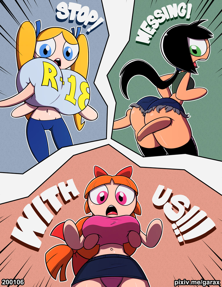 3girls age_difference aged_up big_breasts black_hair blonde_hair blossom_(powerpuff_girls) blue_eyes boomer_(powerpuff_girls) brick_(powerpuff_girls) bubbles_(powerpuff_girls) butch_(powerpuff_girls) buttercup_(powerpuff_girls) cartoon_network disembodied_hands garabatoz green_eyes green_shirt looking_at_viewer older_female orange_hair pink_eyes pink_shirt ponytail powerpuff_girls red_bow rowdyruff_boys short_skirt size_difference toonami twintails upskirt white_legwear yellow_hair