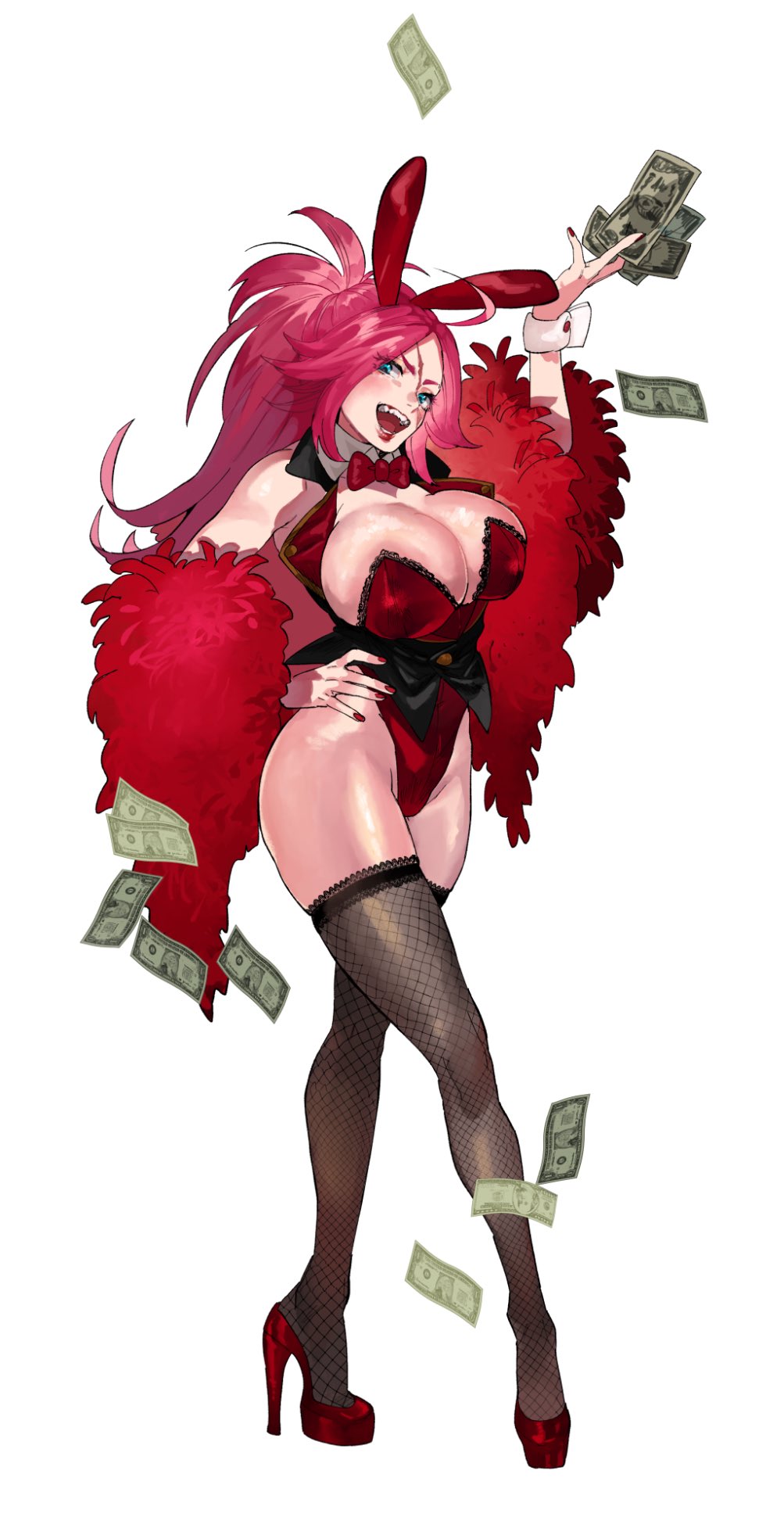 animal_ears bare_shoulders blue_eyes breasts bunny_ears cleavage fate/extra fate_(series) female fishnet_stockings fishnets francis_drake francis_drake_(fate) high_heels highres huge_breasts large_breasts money nail_polish pink_hair ponytail scar simple_background smile solo thick_thighs thighs white_background