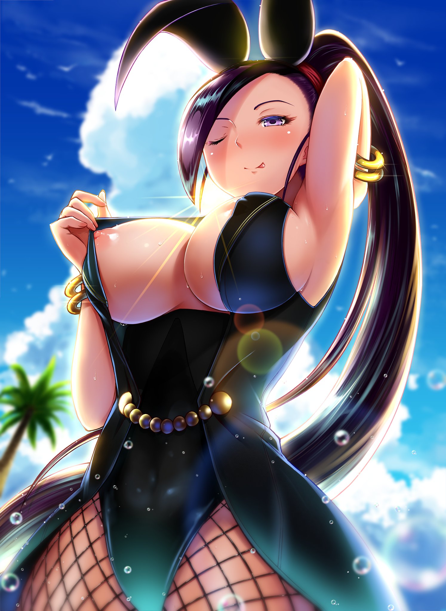 big breasts, black hair, breasts, bunny ears, bunny girl, bunnysuit, clothing, dragon quest, dragon quest xi, erect nipples, erect nipples under clothes, female, female only, fishnets, jade (dq11), long hair, medium breasts, nipple slip, nipples, one eye closed, ponytail, purple eyes, solo, solo female, solo focus, thick thighs, tongue, tongue out, yukimizore