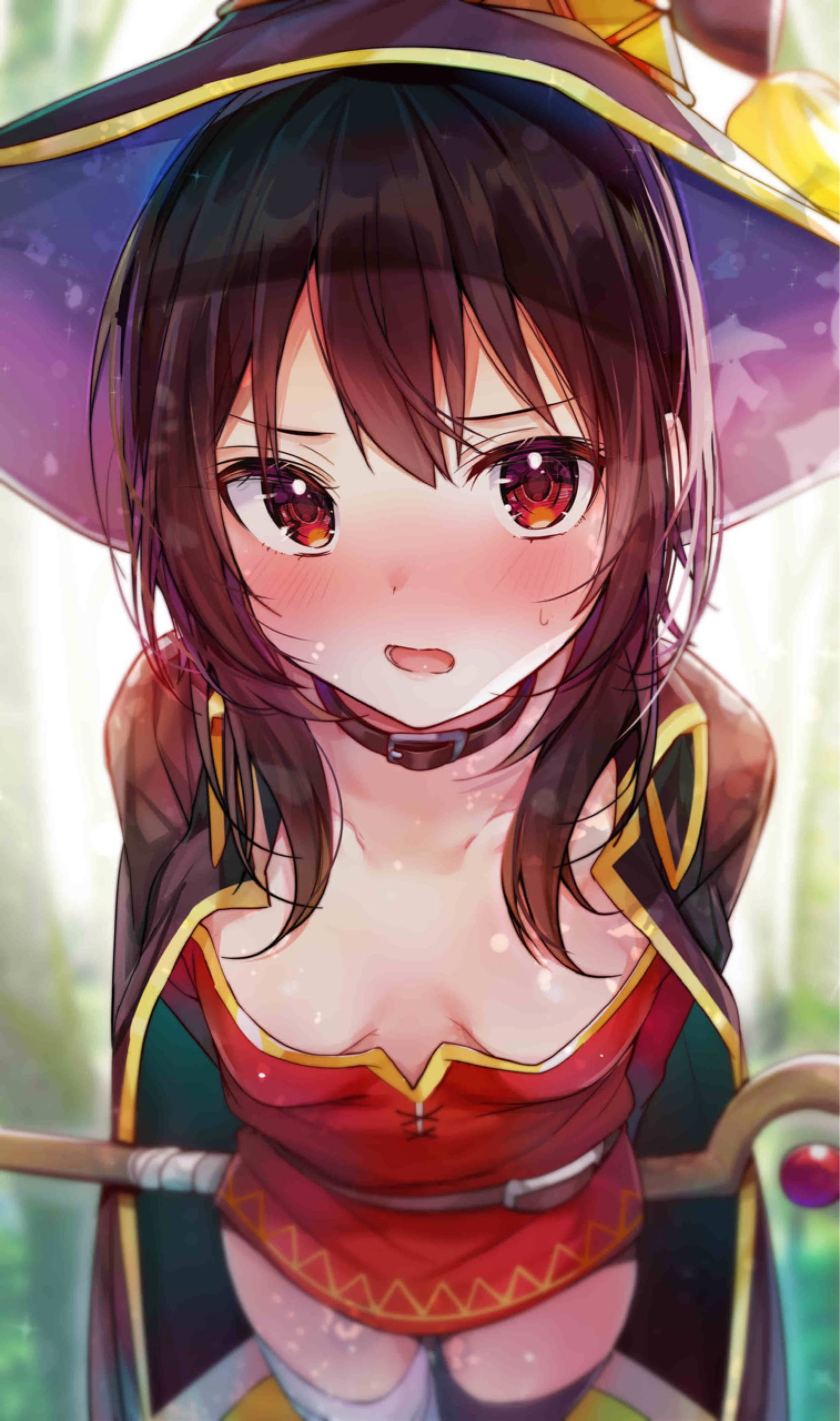 1girls, 2020, absurd res, arms behind back, bandage, bandaged leg, bandages, belt, black belt, black legwear, blurry, blush, breasts, brown hair, cape, cleavage, collar, collarbone, cute, depth of field, dress, eyebrows visible through hair, female, female only, fingerless gloves, gloves, hair between eyes, hat, highres, holding, holding staff, kono subarashii sekai ni shukufuku wo!, looking at viewer, megumin, mismatched legwear, nose blush, open mouth, red dress, red eyes, rouka (akatyann), short hair, short hair with long locks, single thighhigh, small breasts, solo, staff, sweatdrop, thighhighs, witch hat