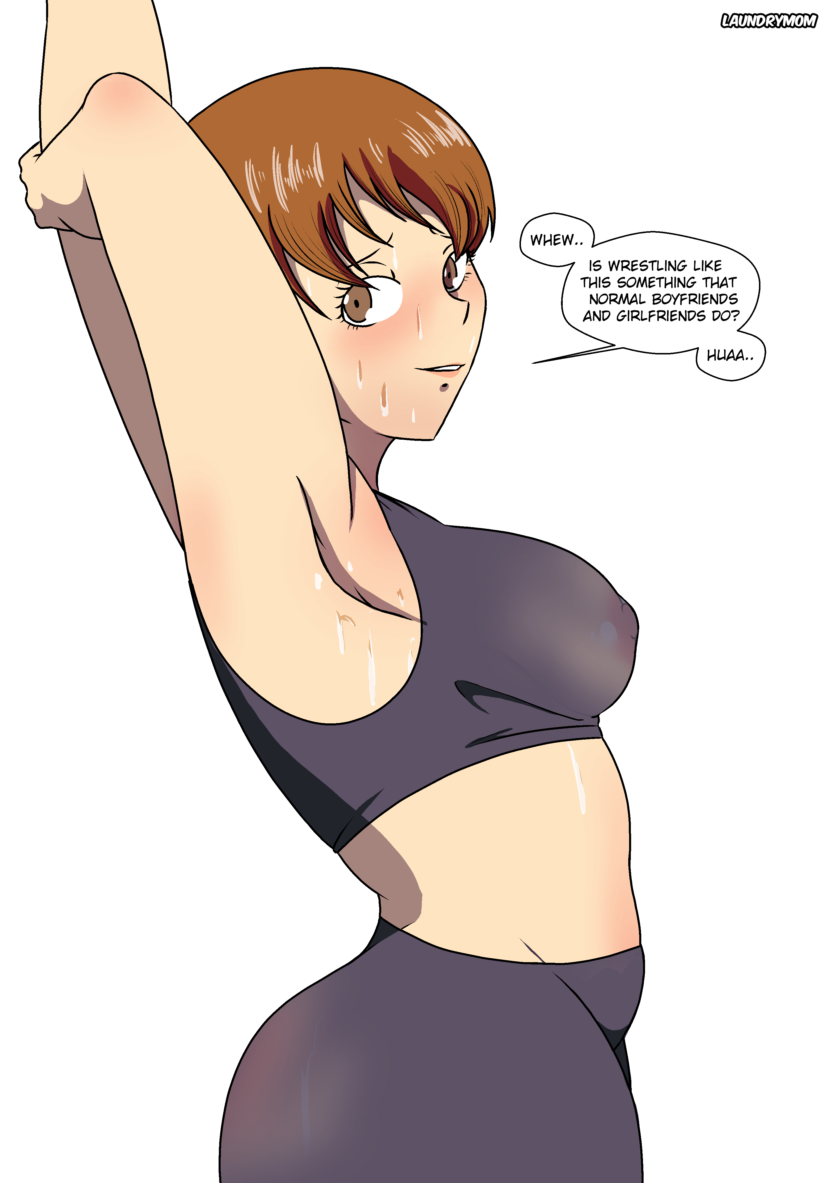 atlus, big breasts, bike shorts, bottomwear, bra, breasts, brown eyes, brown hair, clothing, female, female only, laundrymom, nipples, nipples visible through clothing, persona, persona 4, satonaka chie, short hair, shorts, solo, solo female, solo focus, sports bra, sportswear, tomboy, topwear