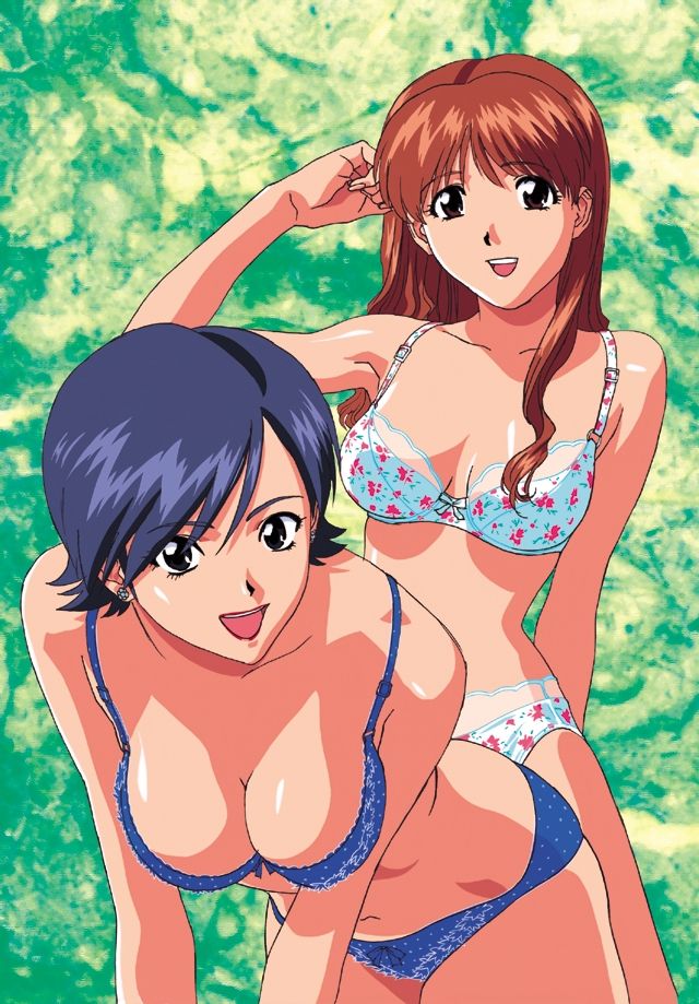 2girls 90s :d all_fours arm_up armpits asuka_(viper) bent_over blue_bra blue_eyes blue_hair blue_panties bow bow_bra bow_panties bra breasts brown_eyes brown_hair cleavage earrings eyebrows_visible_through_hair female female_only green_background hair_twirling katsura_ken'ichirou large_breasts lingerie lipstick long_hair looking_at_viewer makeup matching_hair/eyes medium_breasts miki_(viper) multiple_girls navel official_art open_mouth panties polka_dot polka_dot_bra polka_dot_panties red_lipstick short_hair smile sogna standing thick_thighs thighs underwear underwear_only viper_(series) viper_ctr