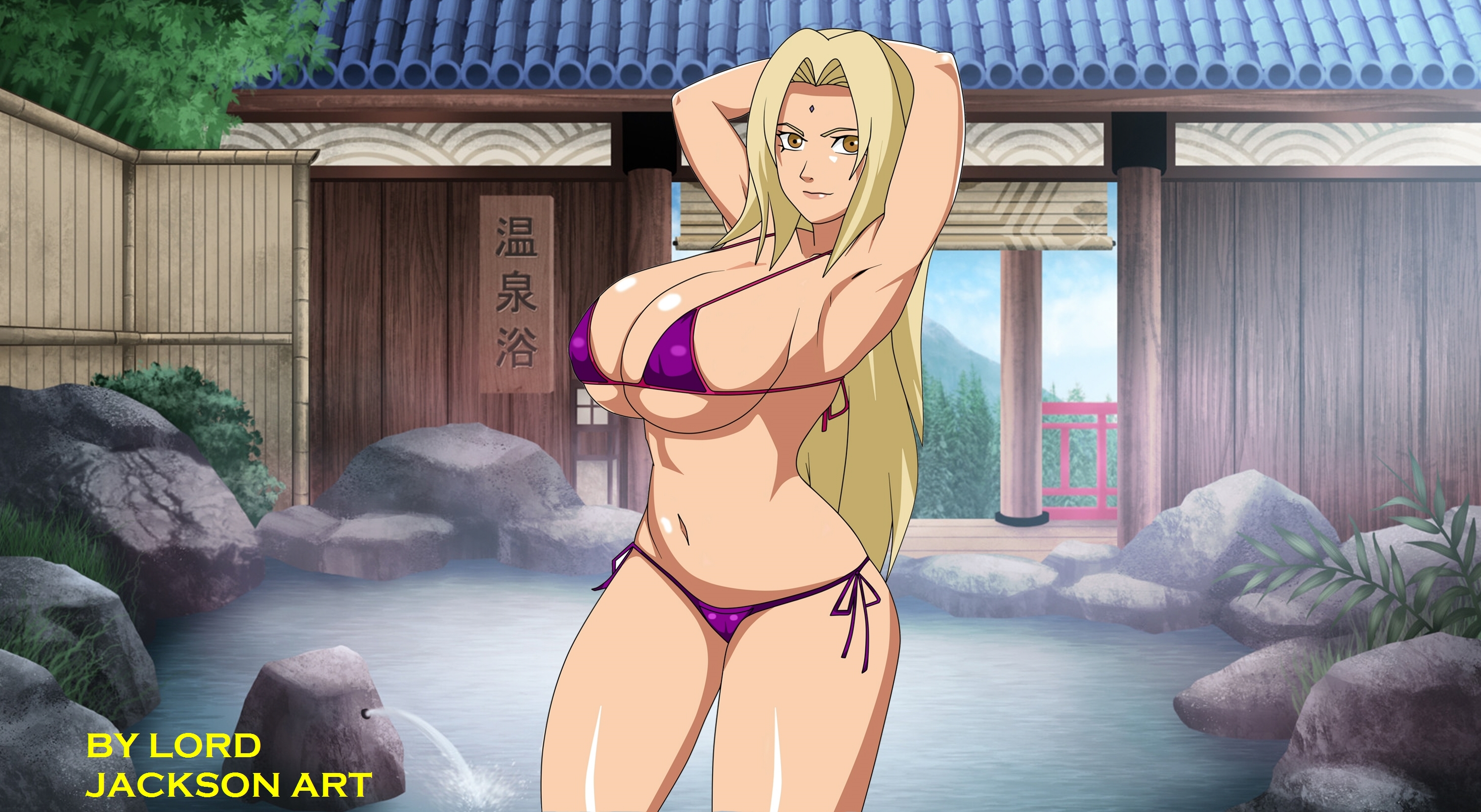 1girls, armpits, arms behind head, bikini, blonde hair, breasts, brown eyes, cleavage, deviantart, facial mark, female, female only, forehead mark, hair down, hot spring, huge breasts, long hair, looking at viewer, lord jackson art, naruto, naruto (series), posing, sideboob, swimsuit, tsunade, wide hips