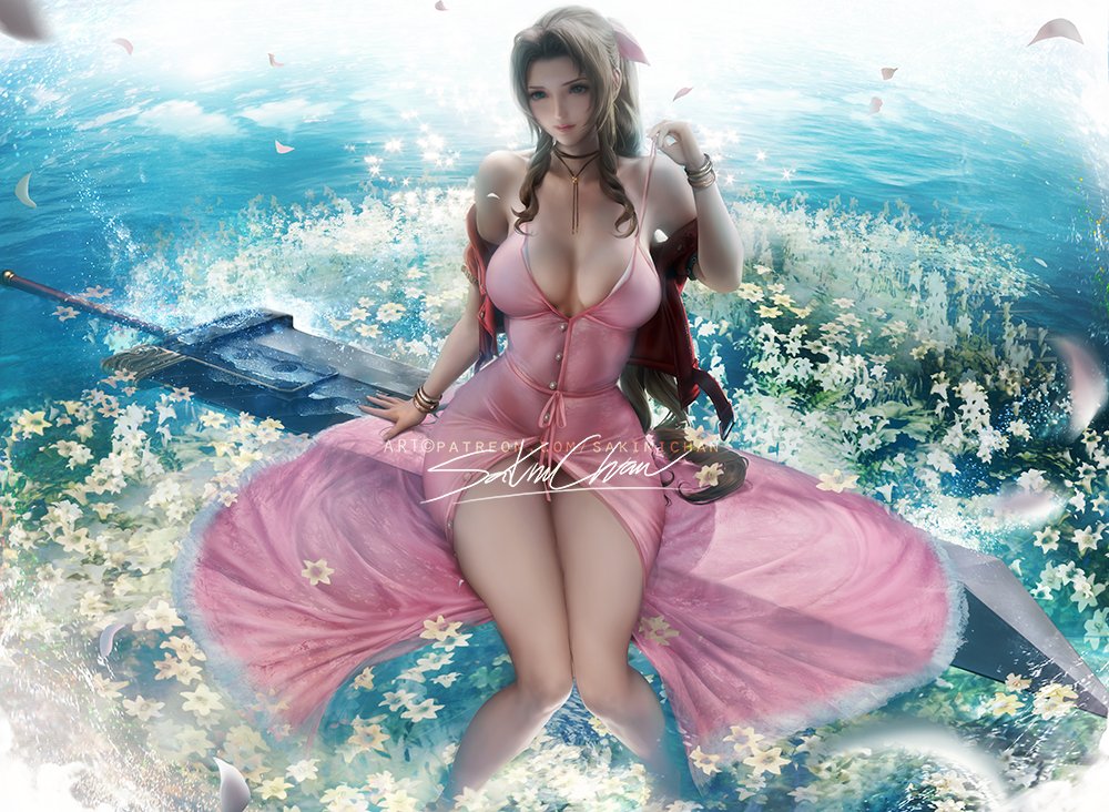 1girls aerith_gainsborough big_breasts brown_hair buster_sword female final_fantasy final_fantasy_vii final_fantasy_vii_remake flower green_eyes sakimichan square_enix sword water