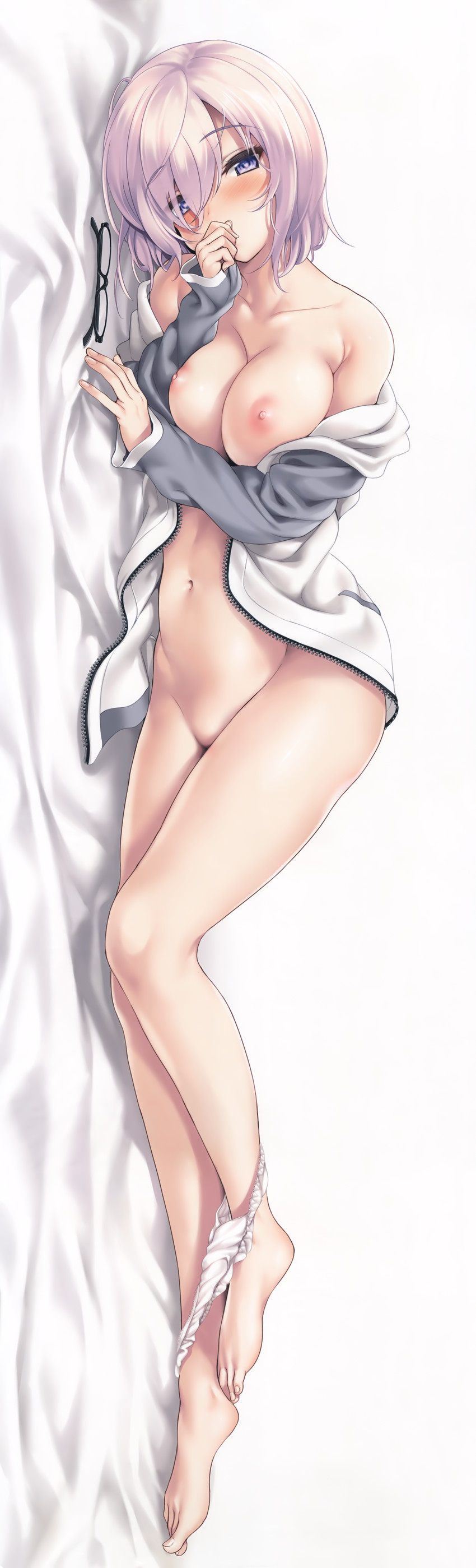 1girls, breasts, cle masahiro, cleavage, exposed breasts, fate (series), fate/grand order, female, full body, hoodie, light skin, light-skinned female, looking at viewer, mash kyrielight, naked, on side, pale skin, pale-skinned female, panties, panties around leg, panties down, partially clothed, pink hair, seductive, solo, solo female, stripping
