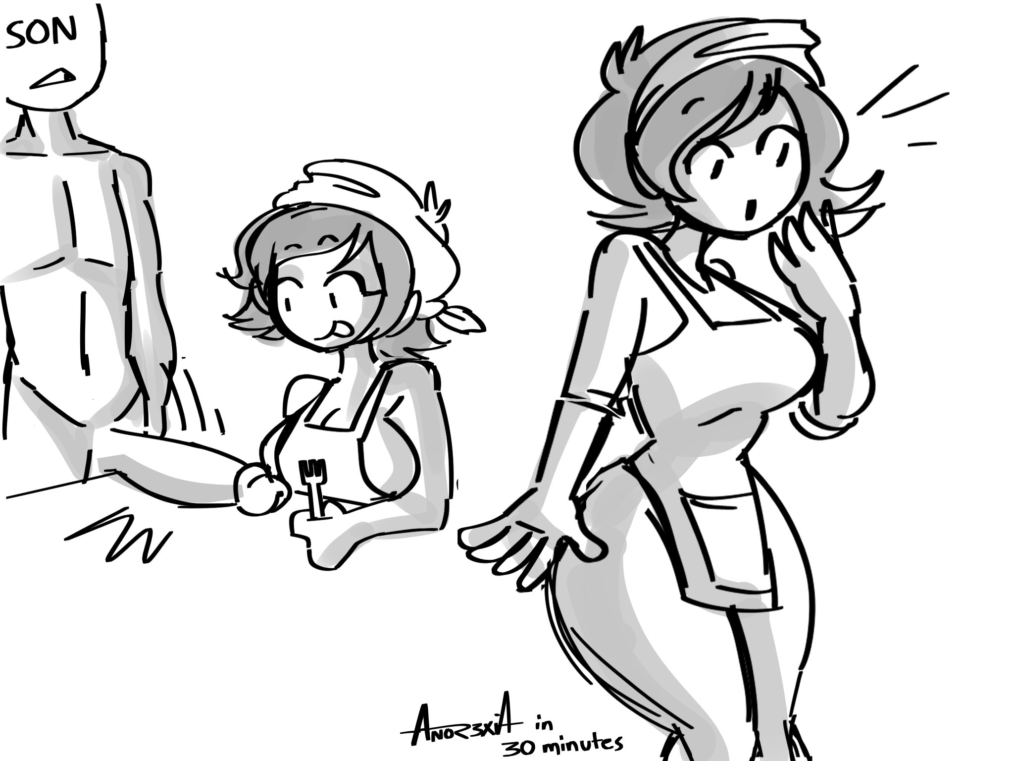 :o, 1boy, 2020, anon, anor3xia, apron, cleavage, cooking mama, erect penis, faceless male, female, fork, hairband, implied incest, incest, long penis, looking at penis, male, mama (cooking mama), mob face, monochrome, mother, mother and son, nude, nude male, partially clothed female, penis, shocked expression, signature, sketch, son, table, thick thighs, tight clothing, tongue, tongue out, watermark