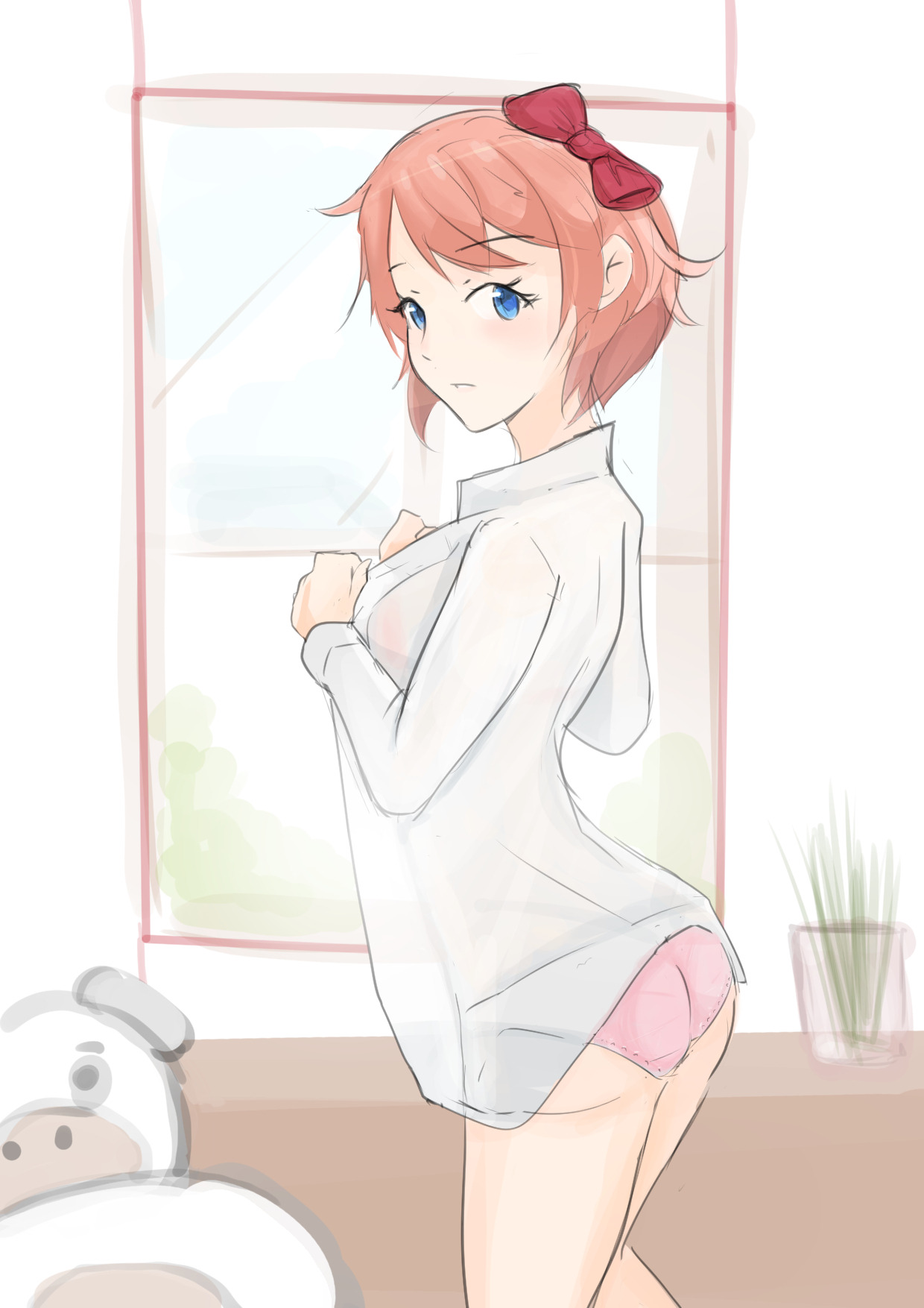 blue eyes, bow, bra, bra visible through clothes, clothing, doki doki literature club, eyebrows visible through hair, female, hairbow, just sayori, looking at viewer, mr. cow (doki doki literature club), orange hair, panties, panties visible through clothing, pink panties, potted plant, red bow, sayori (doki doki literature club), see-through, see-through clothing, solo, thighs, unknown artist