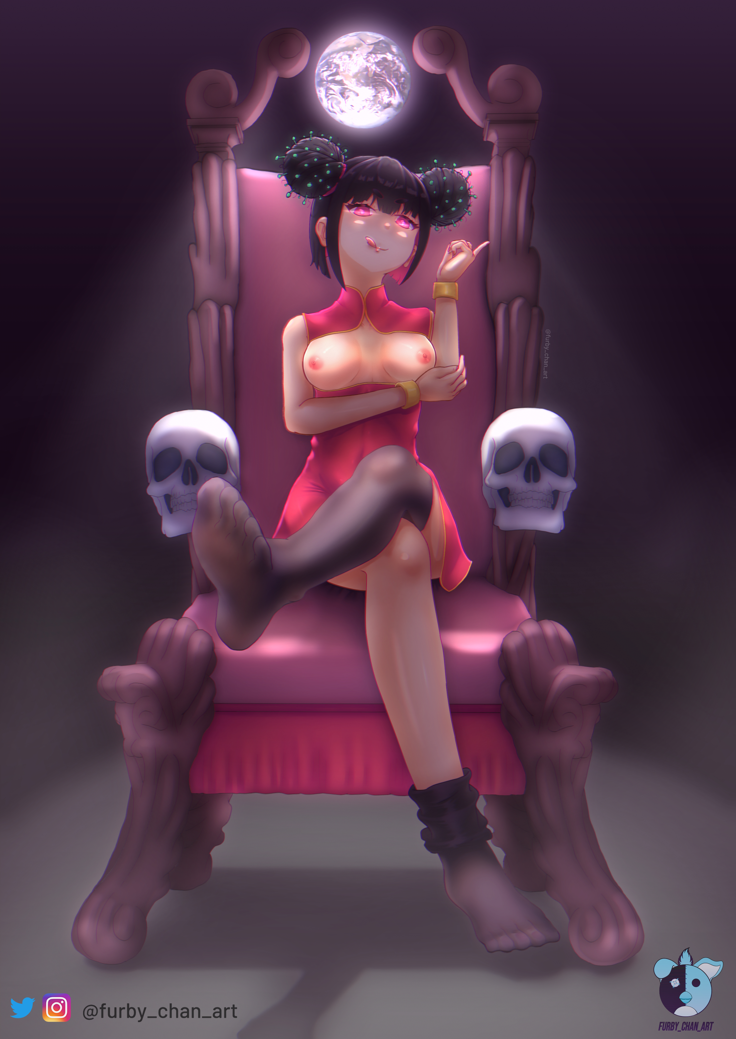 1girls, black hair, breasts, breasts out, china dress, chinese clothes, corona chan, coronavirus, covid-19 pandemic, feet, female, no bra, red eyes, short hair, tights, tongue, tongue out, virus