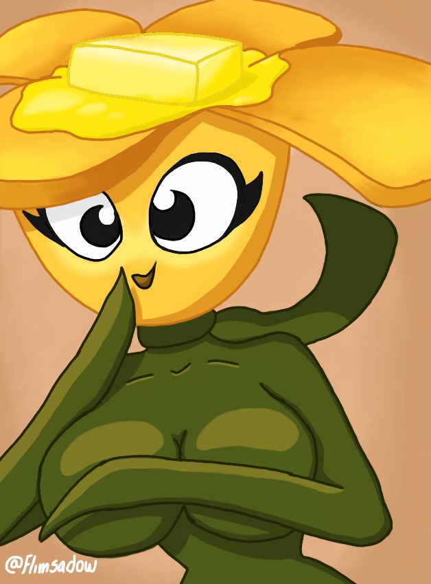 anthro breasts butter buttercup_(pvz) covered_nipples covering_breasts female flimshadow flora flora_fauna flower green_skin naked plant plant_girl plant_humanoid plantie plants_vs_zombies popcap_games pvz smile