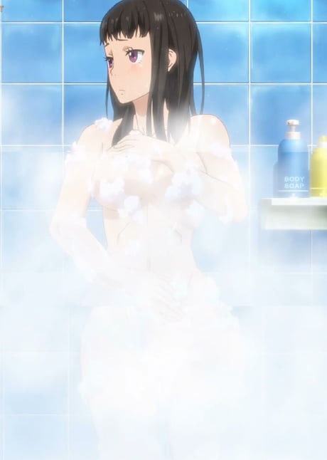 1girls, big breasts, black hair, breasts, enen no shouboutai, female, fire force, naked, oze maki, purple eyes, shower, steam censor, tagme