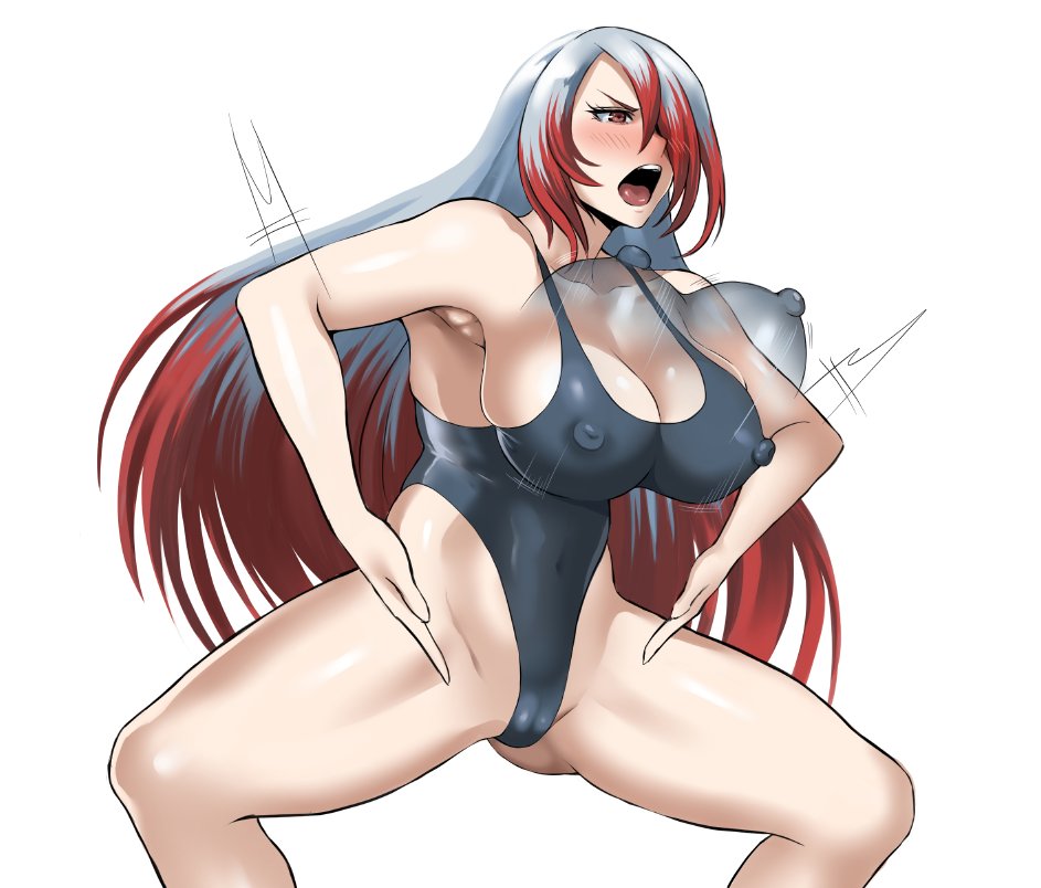 1girls, angry, armpit, big breasts, big nipples, blush, bouncing breasts, breasts, bursting breasts, cameltoe, cleavage, erect nipples, female, female only, heavy blush, large breasts, light skin, light-skinned female, long hair, nipples, one-piece swimsuit, open mouth, pale skin, pale-skinned female, presenting, pussy, pussy bulge, shibusun, sideboob, simple background, skintight, solo, squatting, swimsuit, thick thighs, thighs, white background